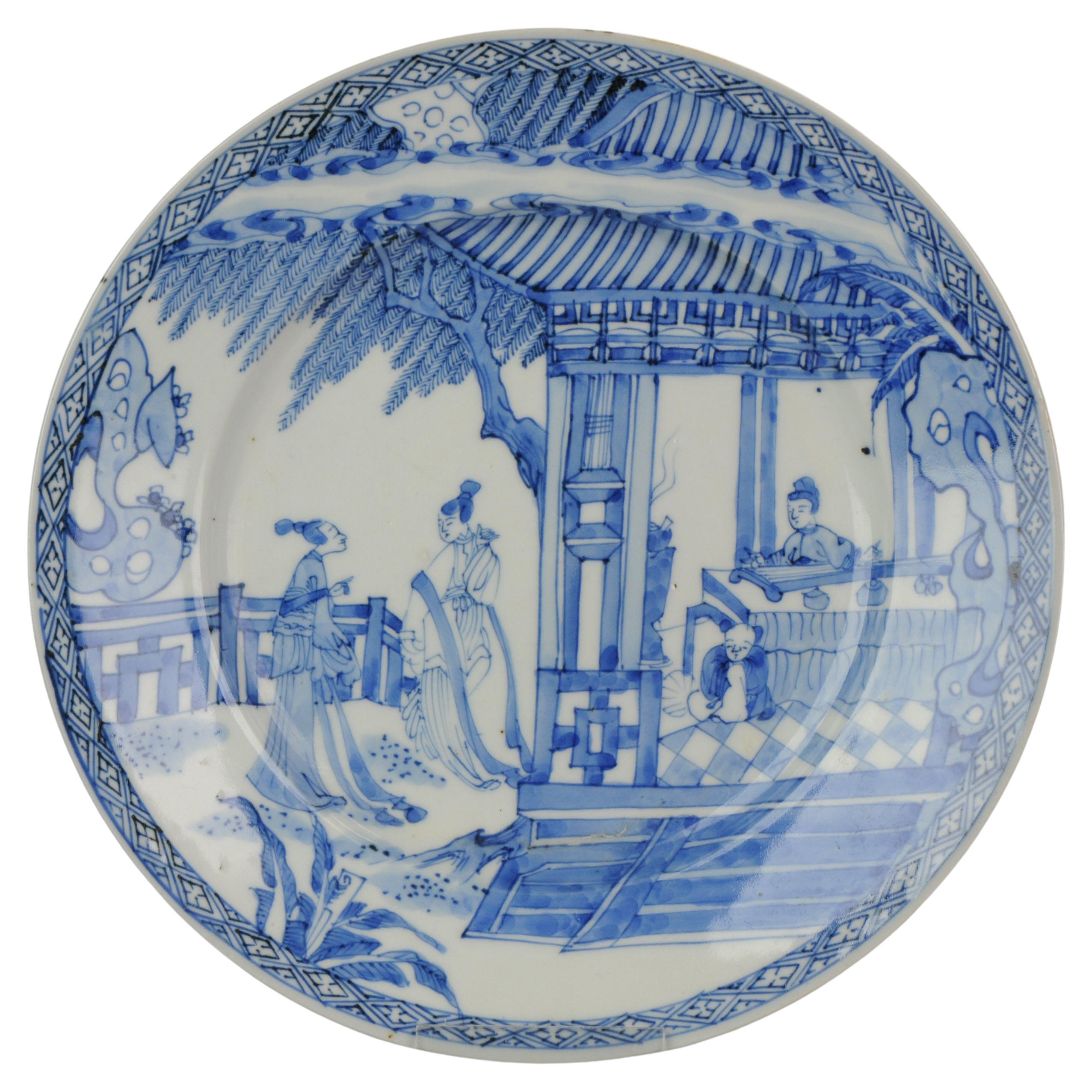 Antique circa 1700 Japanese Edo Porcelain Blue White Dish Figures Ladies For Sale