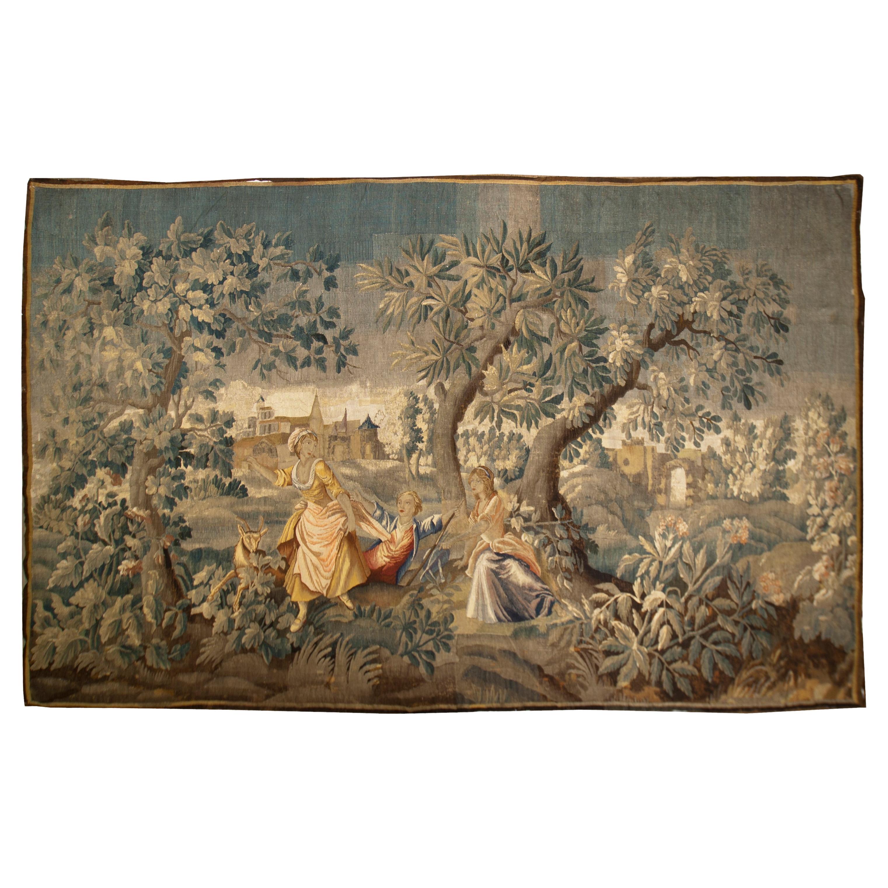 Antiker CIRCA 1740 Grüner Flemish Pastoral Tapestry, 8'6 x 13'2