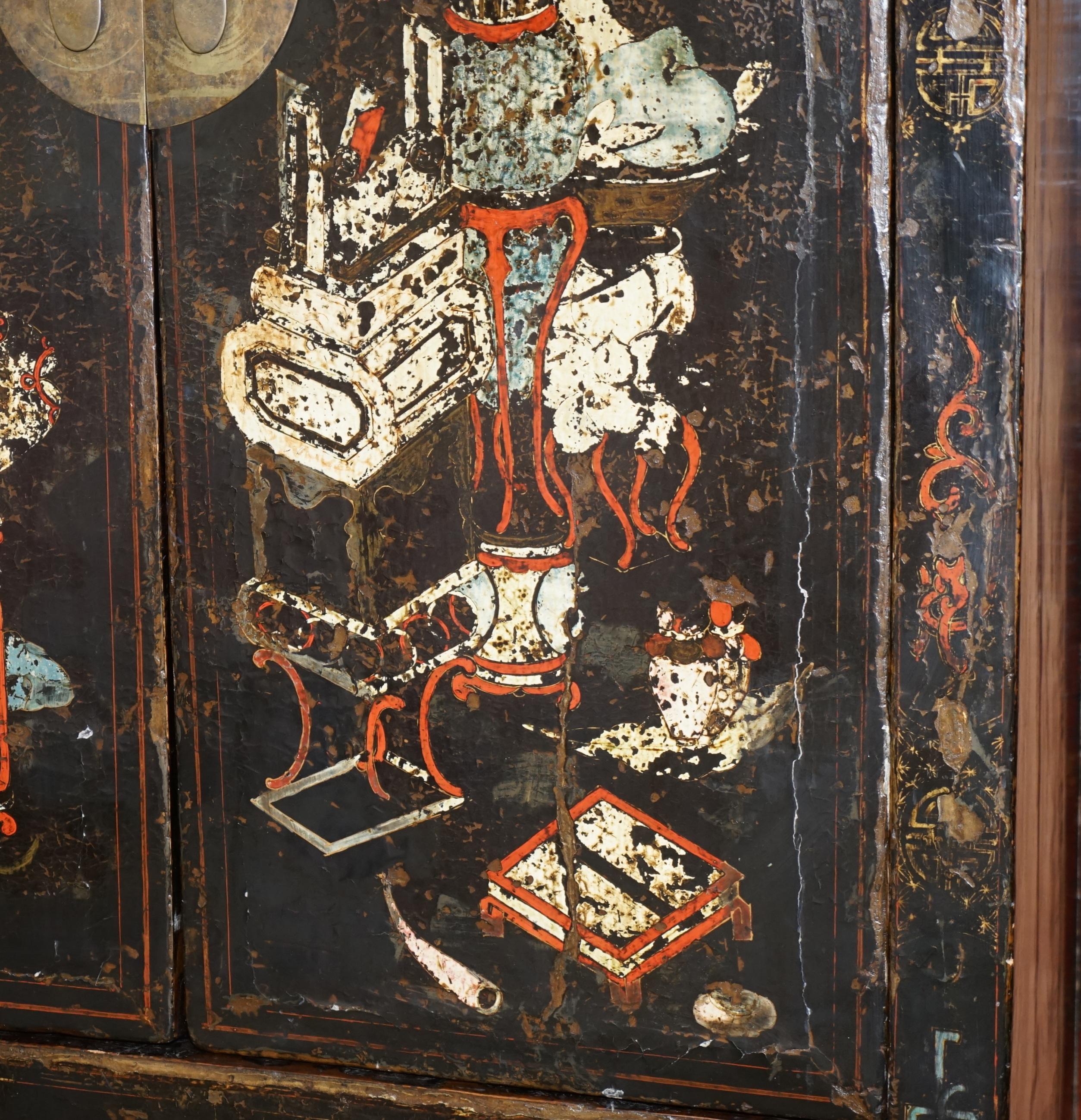 Antique circa 1800 Chinese Hand Painted Wedding Cabinet Housekeepers Cupboard For Sale 2