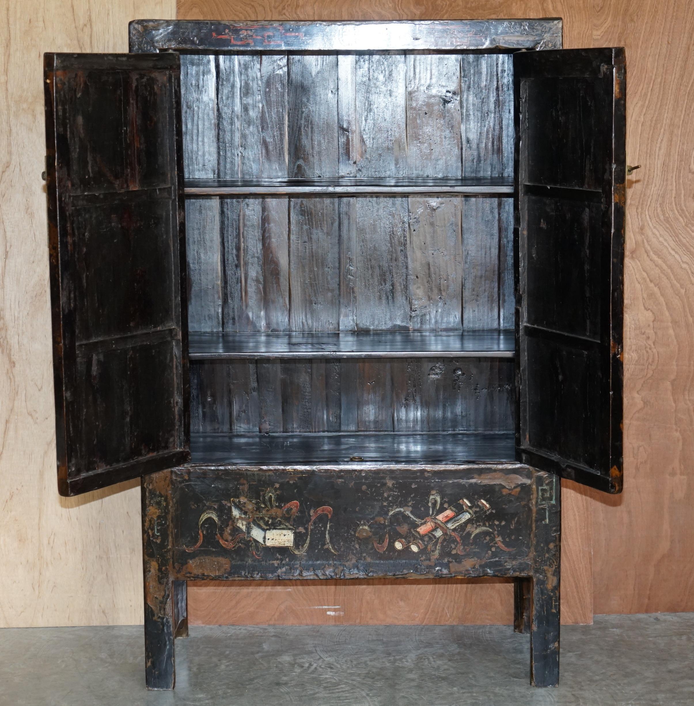 Antique circa 1800 Chinese Hand Painted Wedding Cabinet Housekeepers Cupboard For Sale 5