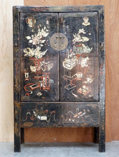 Antique circa 1800 Chinese Hand Painted Wedding Cabinet Housekeepers Cupboard