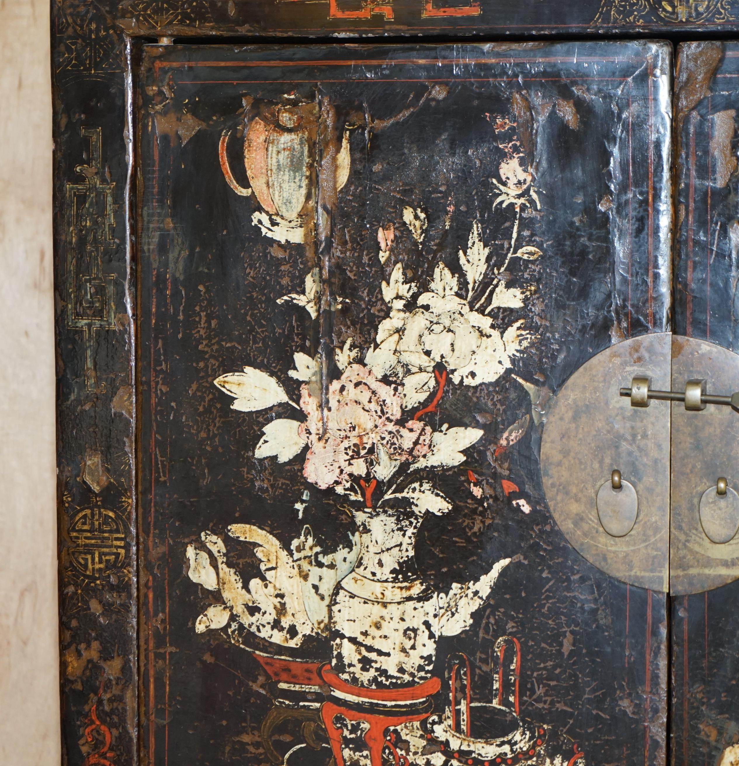 Lacquered Antique circa 1800 Chinese Hand Painted Wedding Cabinet Housekeepers Cupboard For Sale