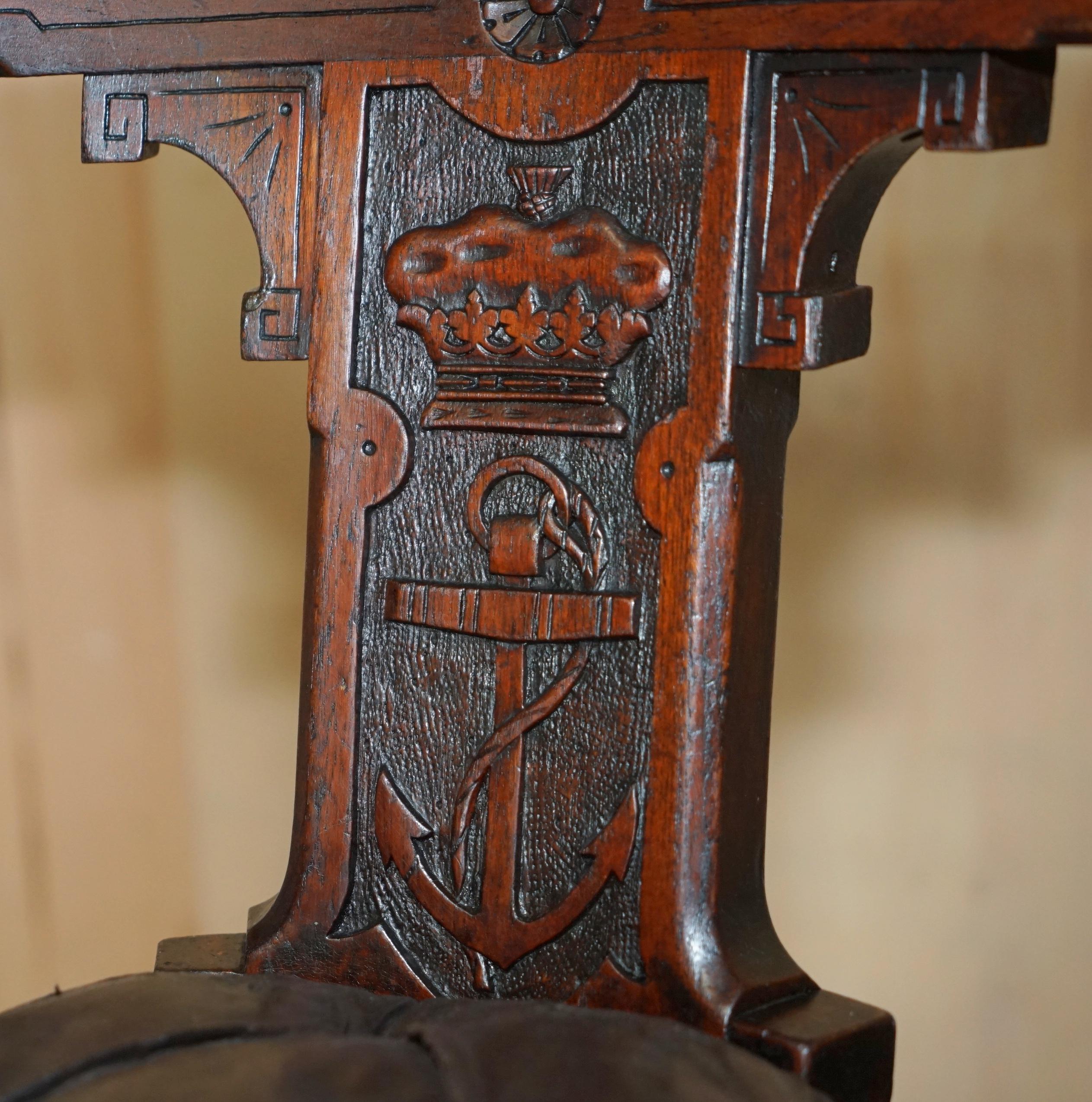 English ANTIQUE CIRCA 1800 SHIPS CAPTAiNS CHAIR WITH ROYAL CROWN AND ANCHOR CARVED For Sale