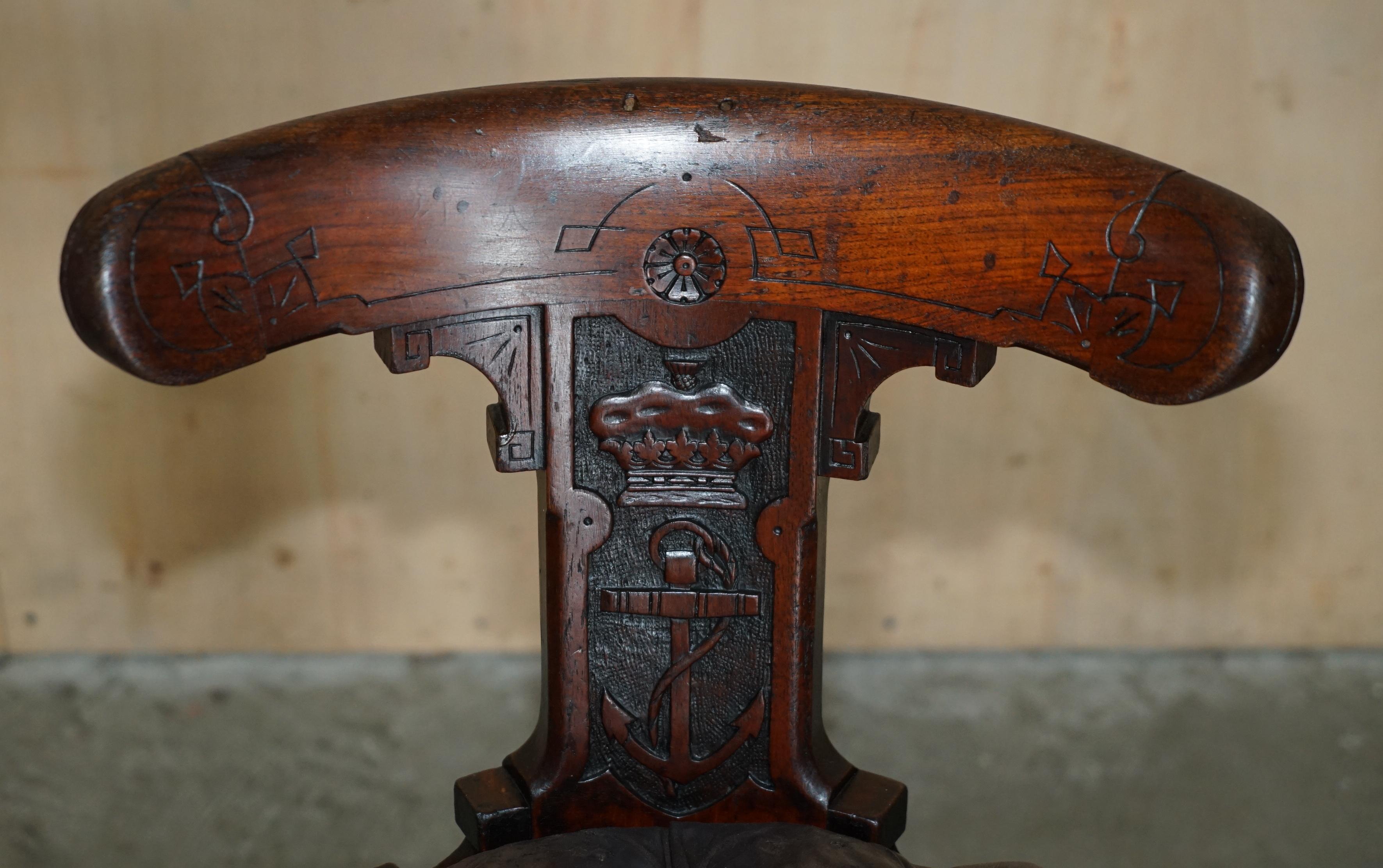 Hand-Crafted ANTIQUE CIRCA 1800 SHIPS CAPTAiNS CHAIR WITH ROYAL CROWN AND ANCHOR CARVED For Sale
