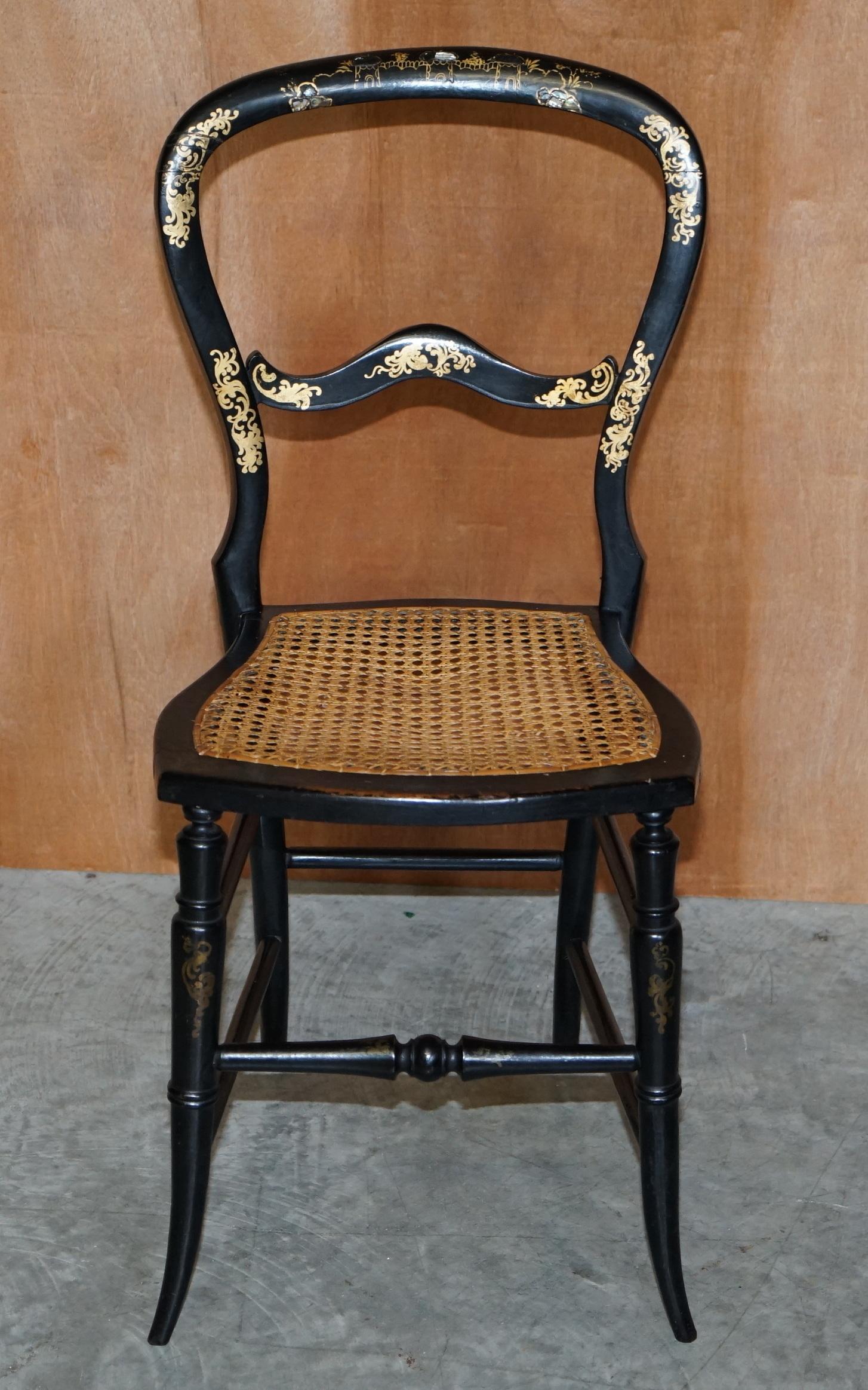 We are delighted to offer for sale this exquisite original circa 1815 Regency ebonised gold leaf painted and mother of pearl inlaid occasional bergere chair

A very good looking well made and decorative chairs, this is a good collectors find, not