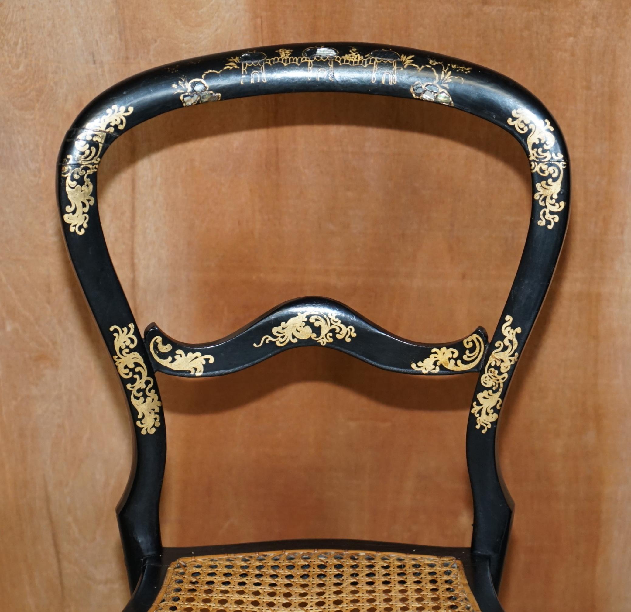 English Antique circa 1815 Mother of Pearl Inlaid Ebonsied & Gold Leaf Regency Chair For Sale