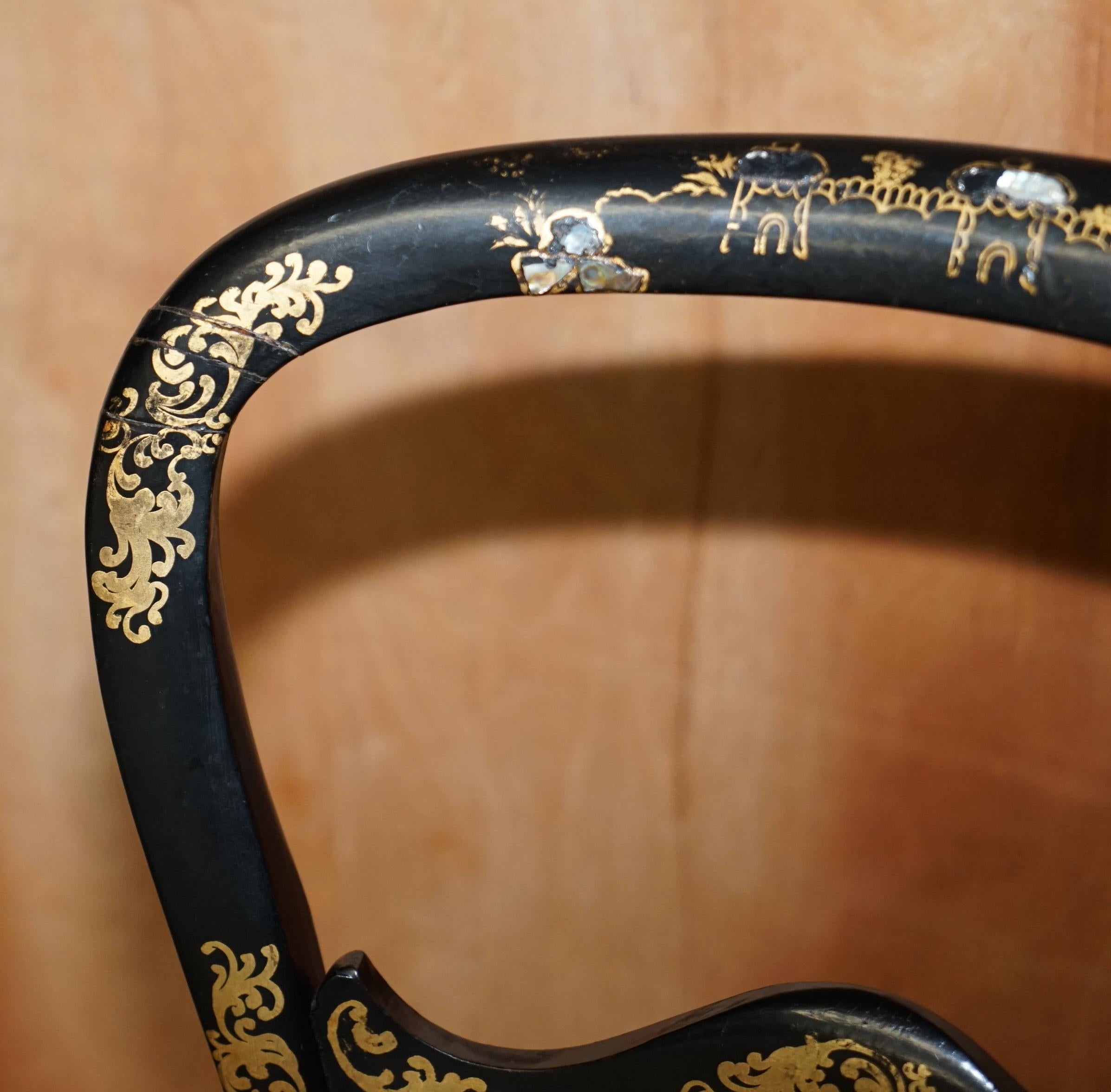 Ebonized Antique circa 1815 Mother of Pearl Inlaid Ebonsied & Gold Leaf Regency Chair For Sale