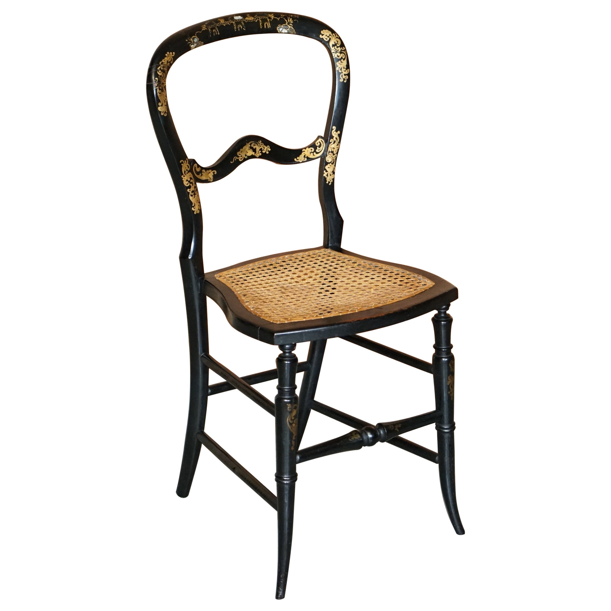 Antiquité vers 1815 Chaise Regency en nacre incrustée d'ébène et de feuilles d'or