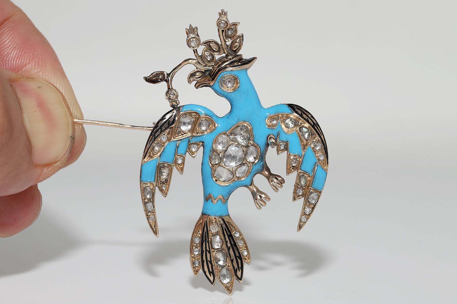 Antique Circa 1840s 14k Gold Natural Rose Cut Diamond Enamel Bird Brooch For Sale 10