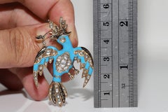 Antique Circa 1840s 14k Gold Natural Rose Cut Diamond Enamel Bird Brooch