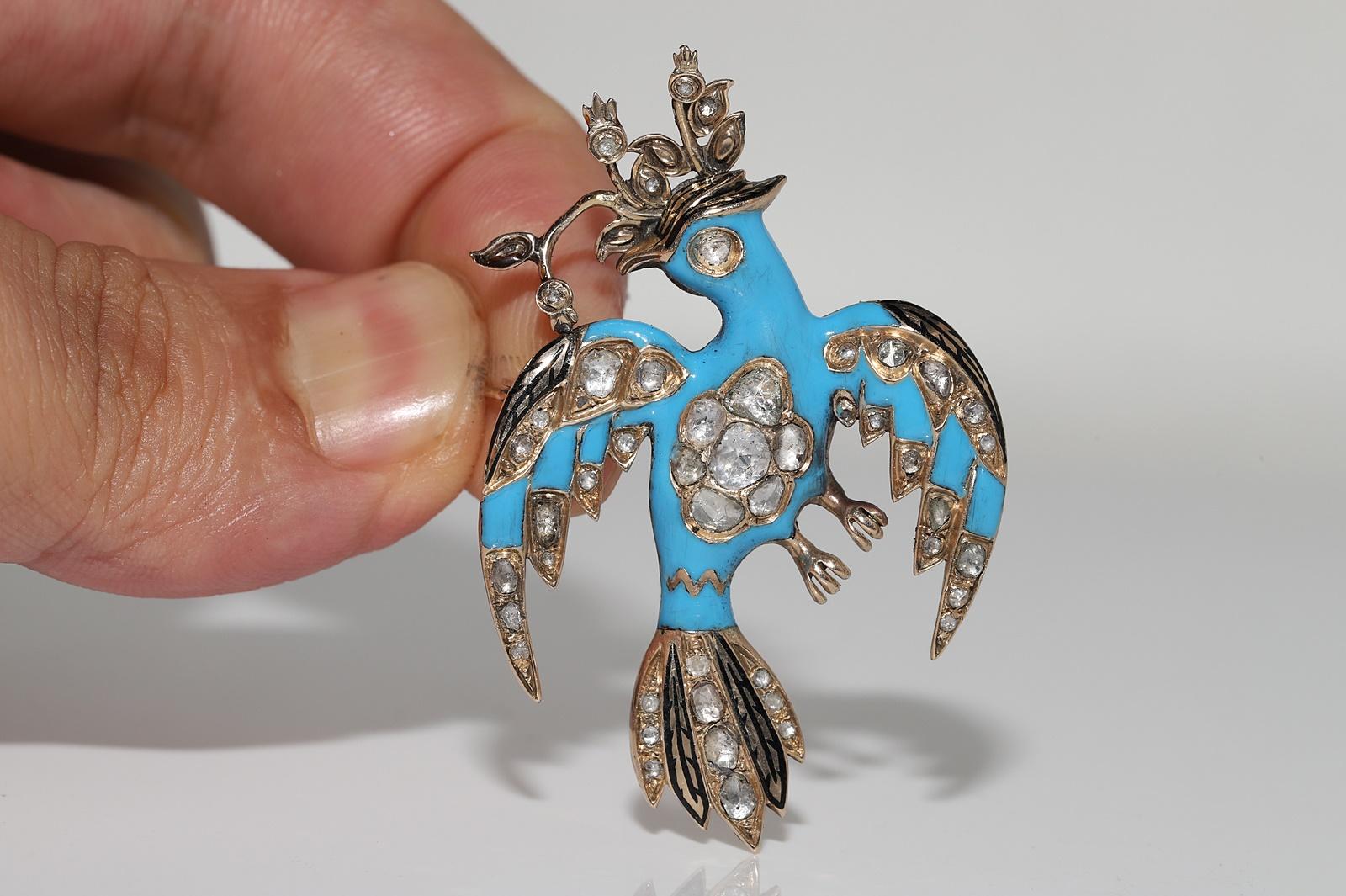 Antique Circa 1840s 14k Gold Natural Rose Cut Diamond Enamel Bird Brooch In Good Condition For Sale In Fatih/İstanbul, 34