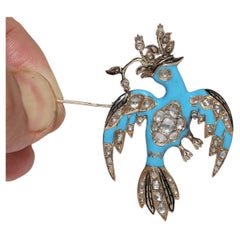 Antique Circa 1840s 14k Gold Natural Rose Cut Diamond Enamel Bird Brooch Antique Circa 1840s 14k Gold Natural Rose Cut Diamond Enamel Bird Brooch