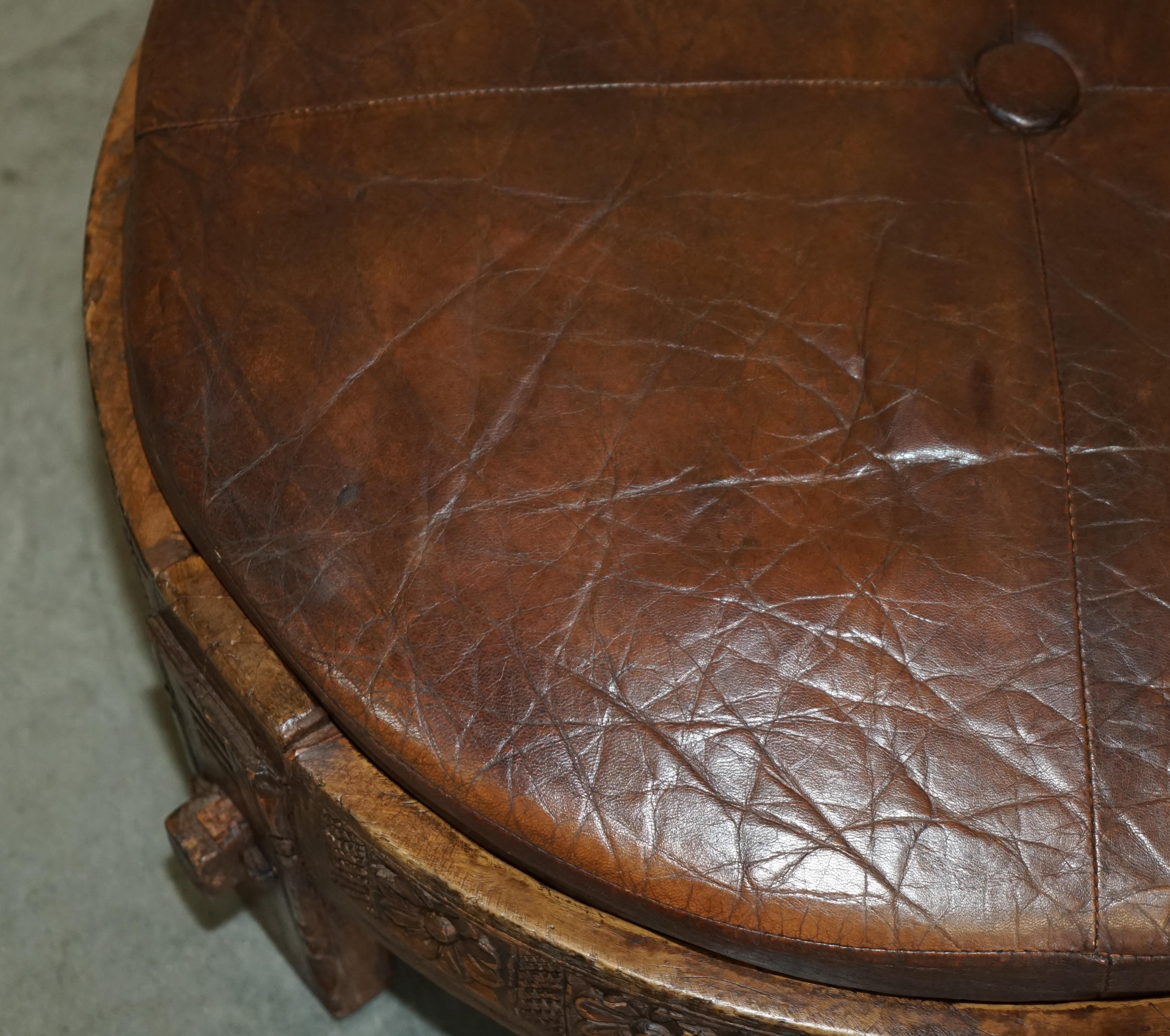 Antique circa 1850 Hand Carved Brown Leather Olive Press Coverted to Footstool For Sale 5