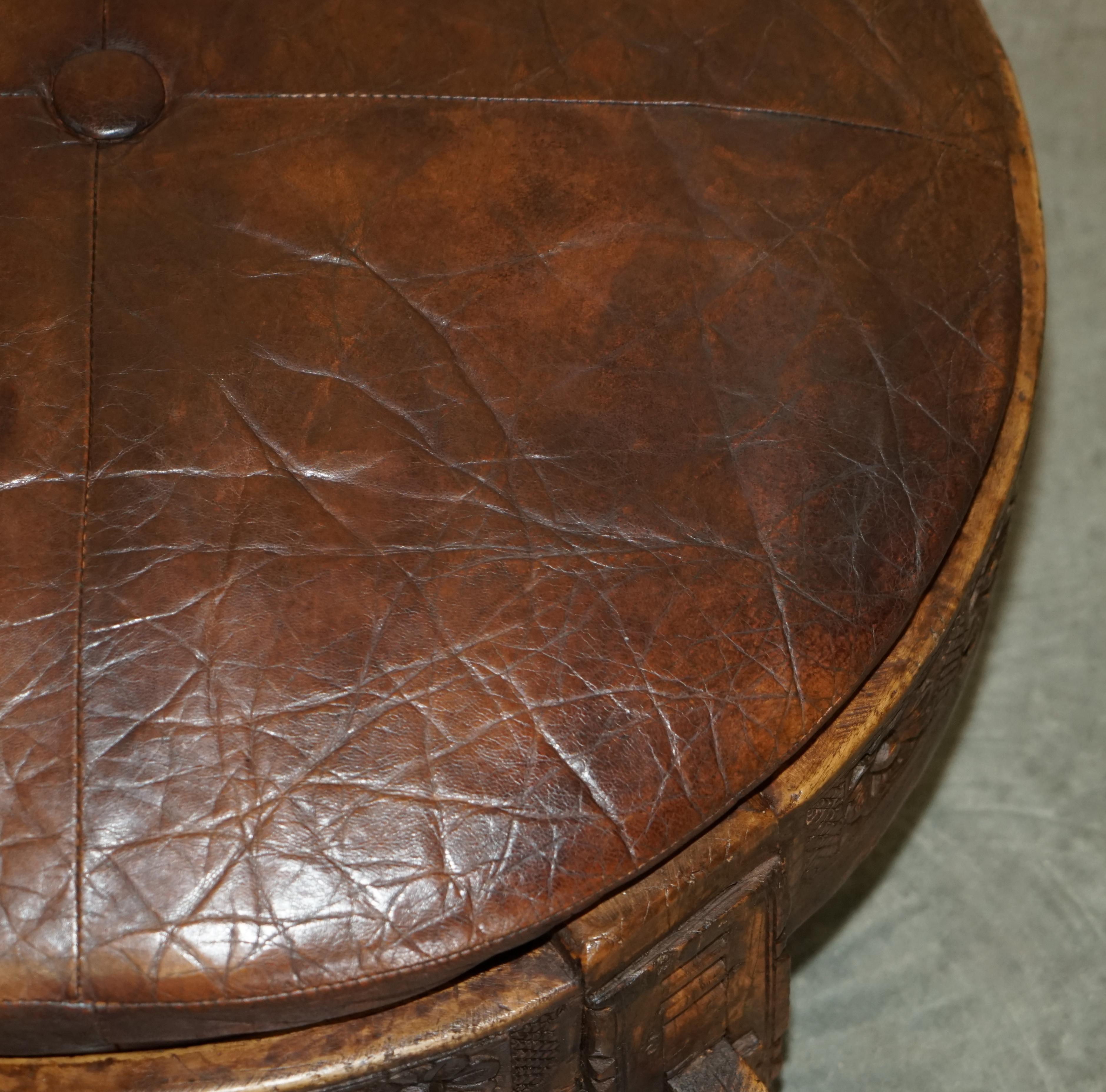 Antique circa 1850 Hand Carved Brown Leather Olive Press Coverted to Footstool For Sale 6