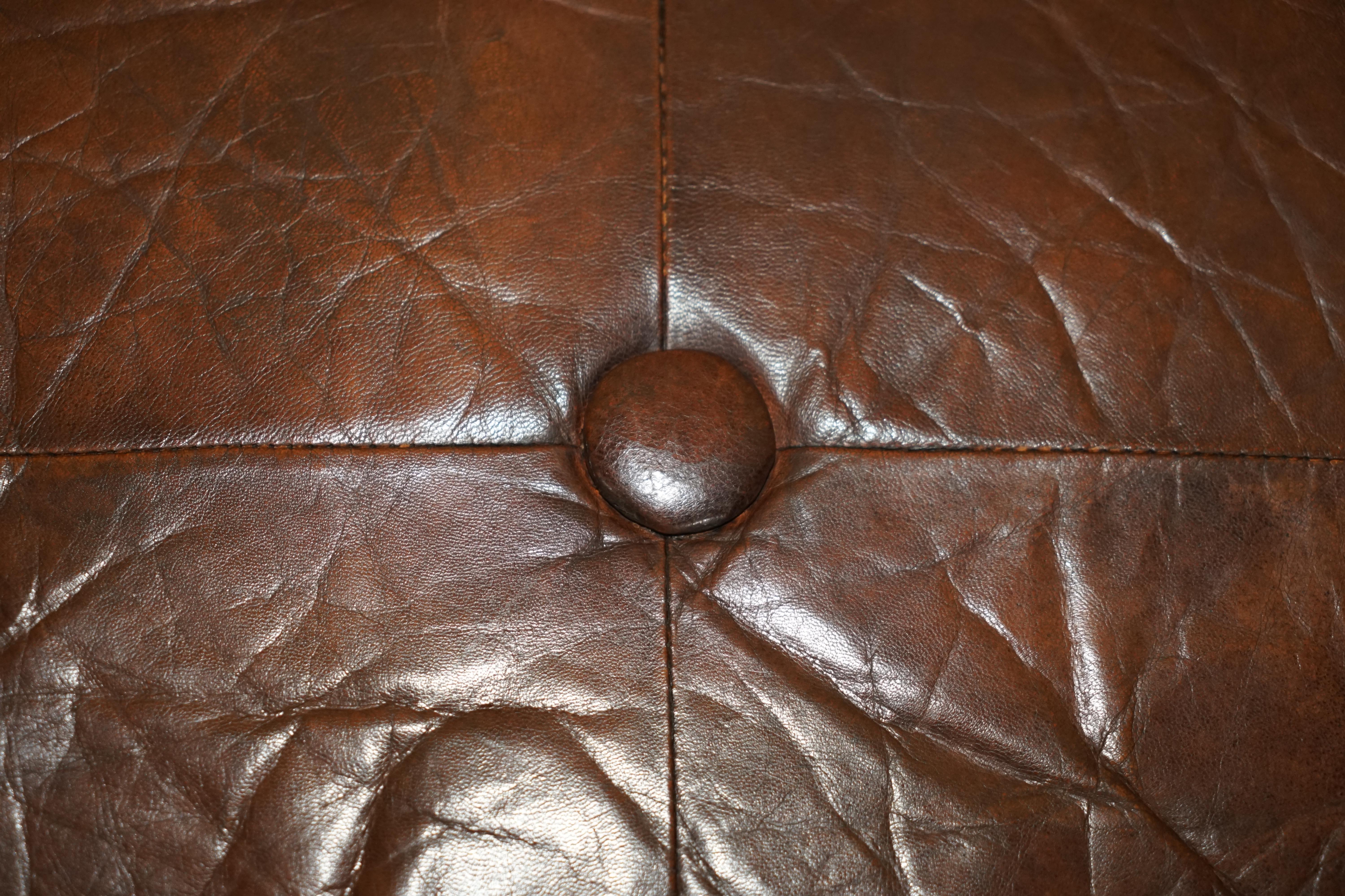 Antique circa 1850 Hand Carved Brown Leather Olive Press Coverted to Footstool For Sale 7