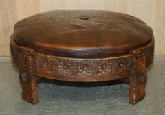 Antique circa 1850 Hand Carved Brown Leather Olive Press Coverted to Footstool