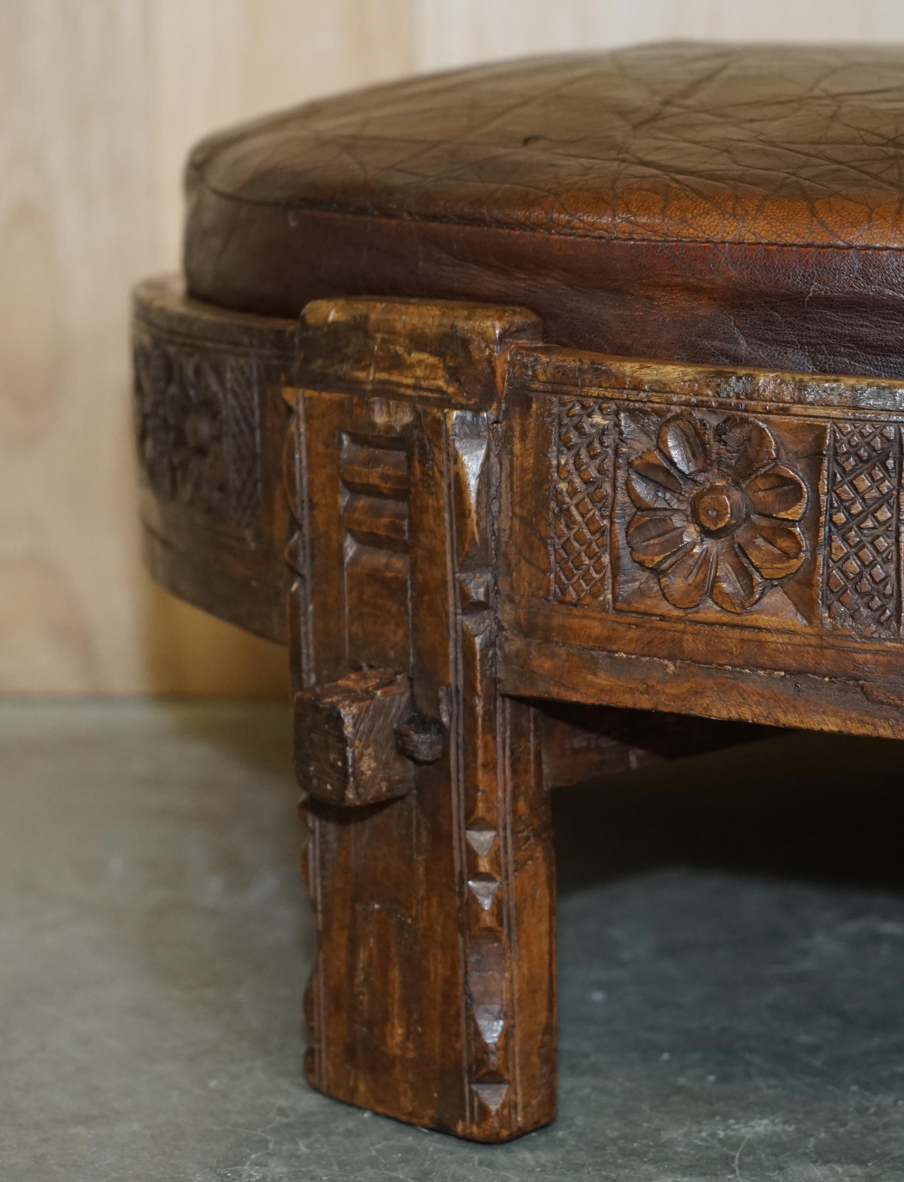 Early Victorian Antique circa 1850 Hand Carved Brown Leather Olive Press Coverted to Footstool For Sale