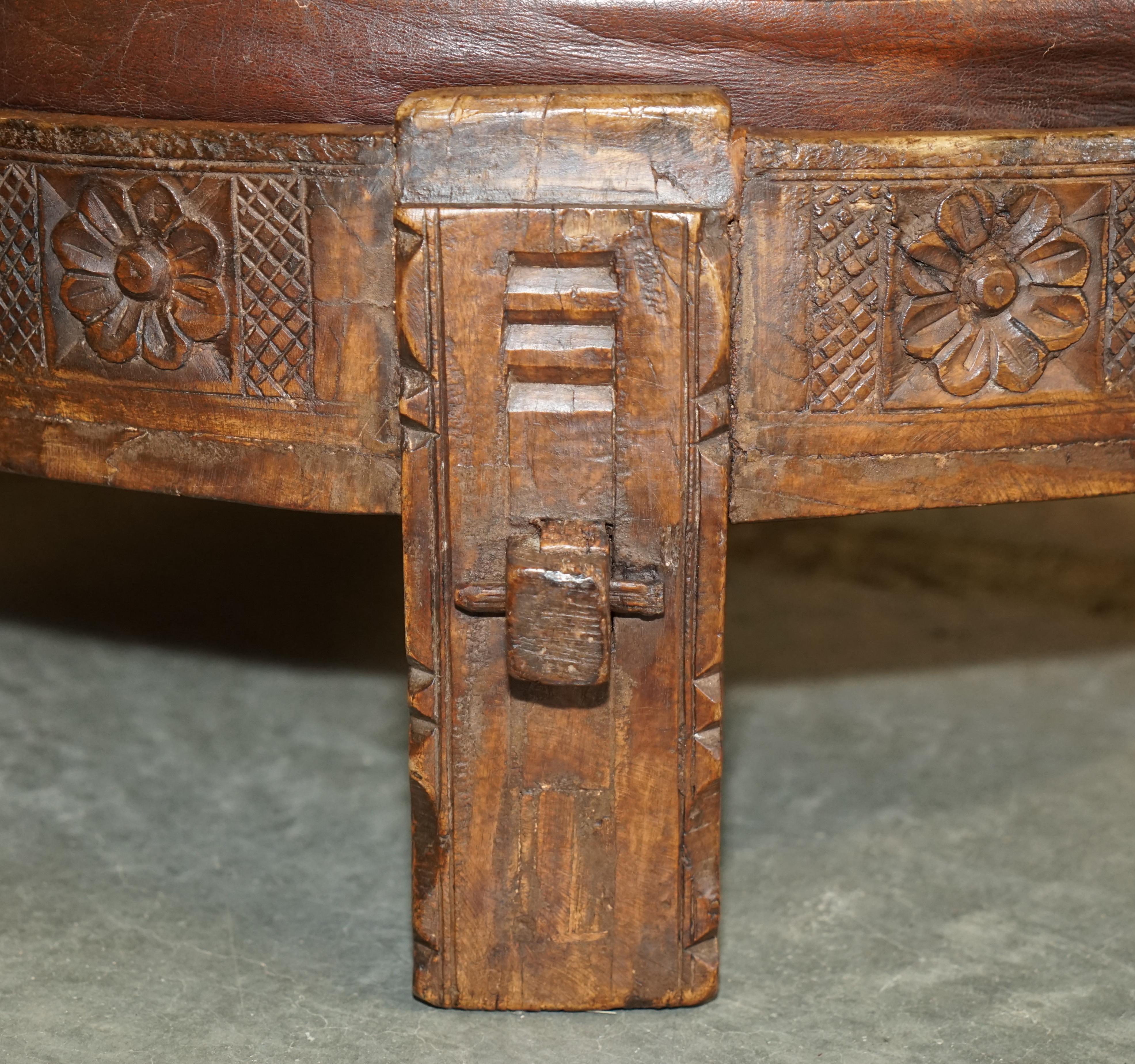 European Antique circa 1850 Hand Carved Brown Leather Olive Press Coverted to Footstool For Sale
