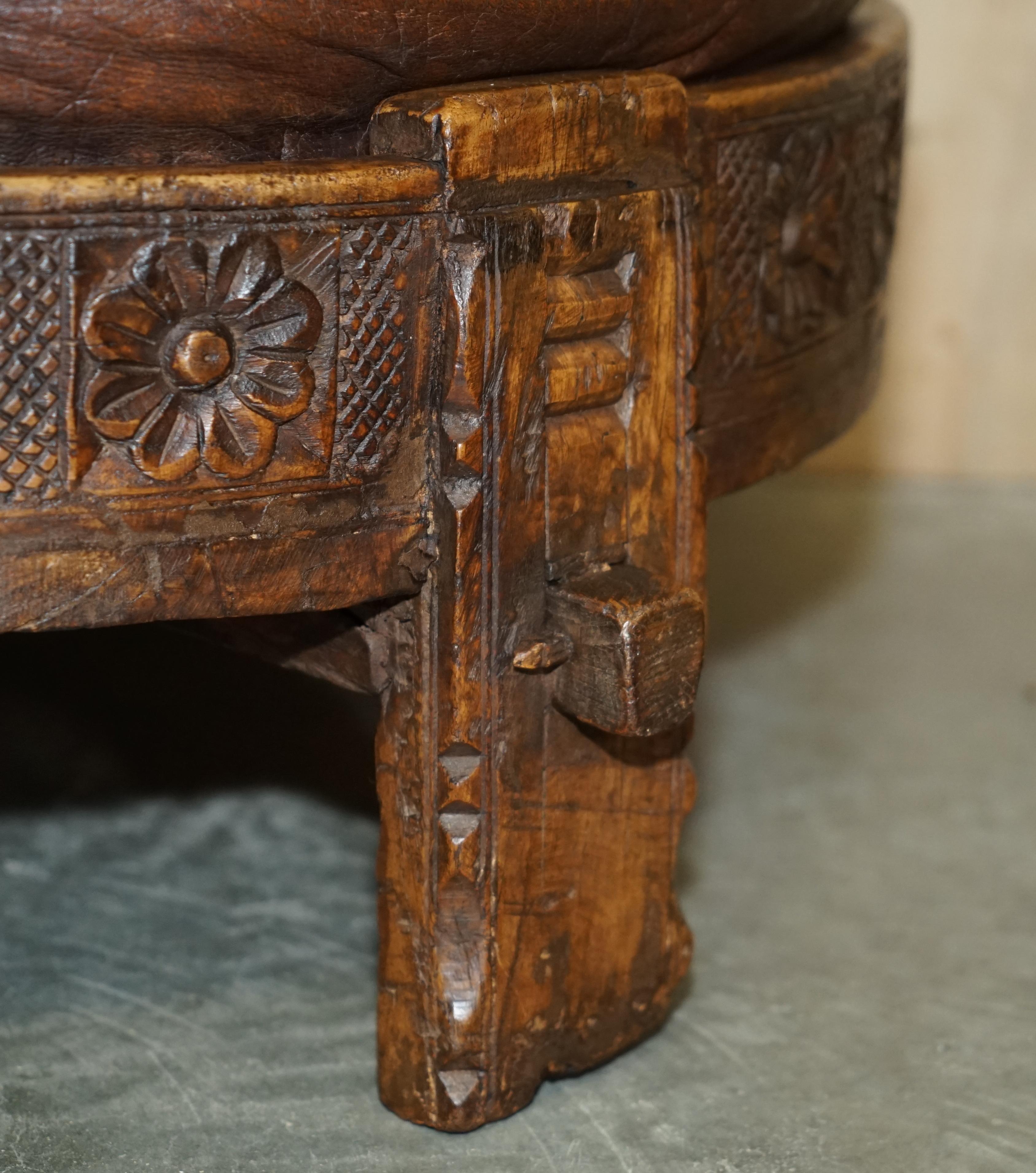 Mid-19th Century Antique circa 1850 Hand Carved Brown Leather Olive Press Coverted to Footstool For Sale