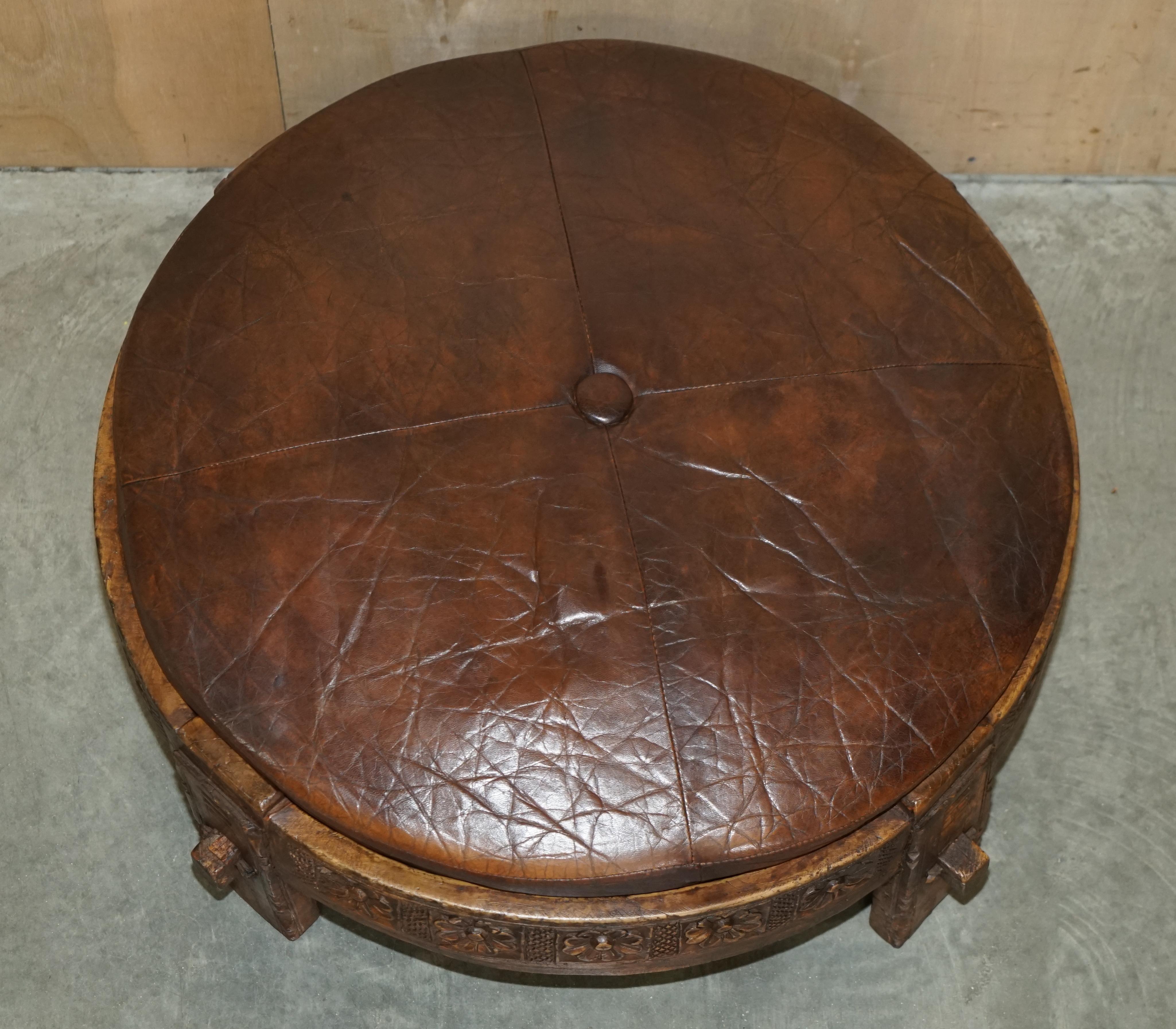 Antique circa 1850 Hand Carved Brown Leather Olive Press Coverted to Footstool For Sale 2