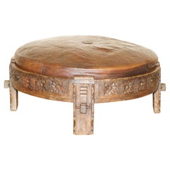 ANTIQUE CIRCA 1850 HANDgeschnitzter BROWN-Leder OLiVE-PRESS, VERKAUFT ZU FOOTSTOOL