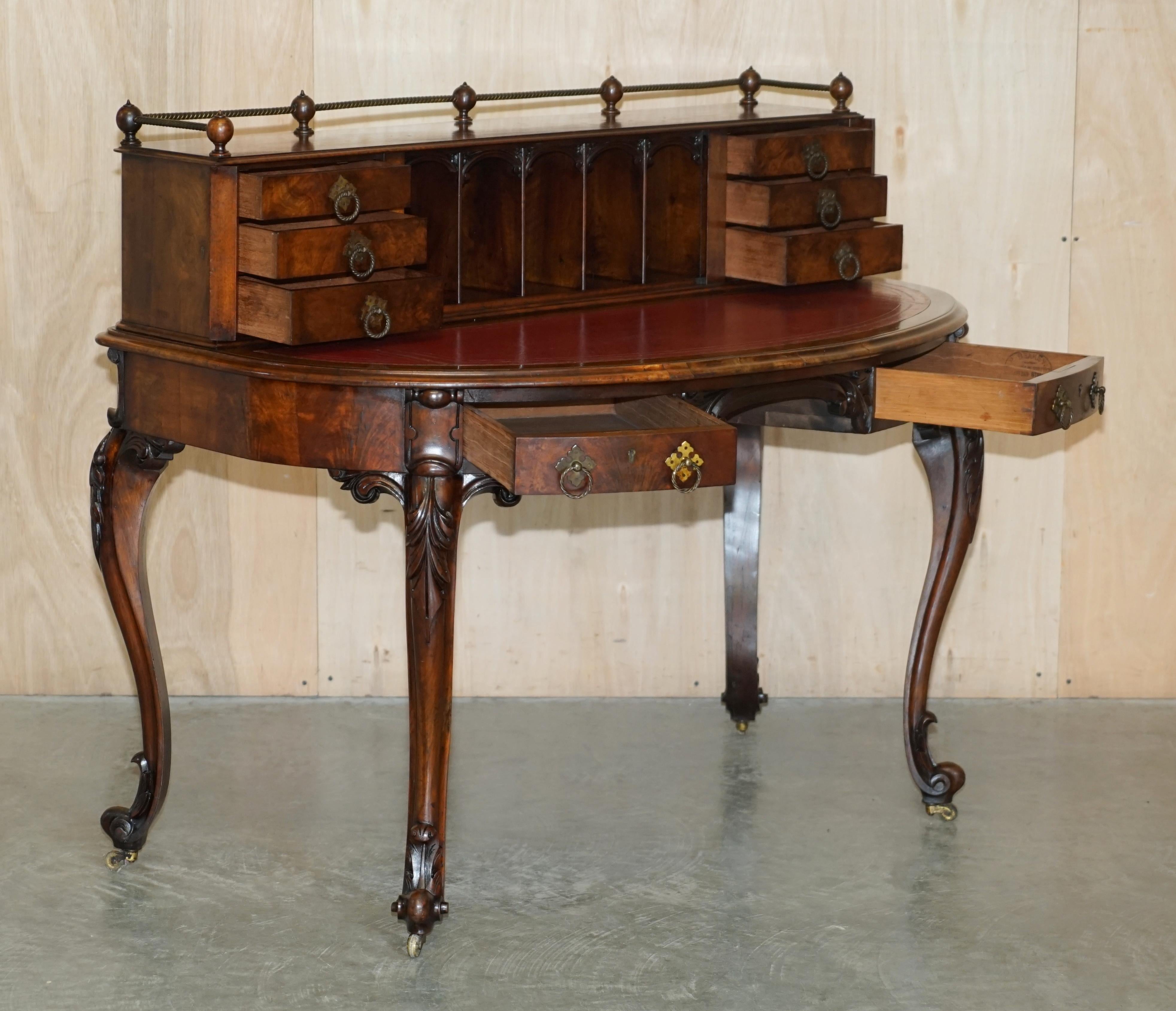Antique circa 1850 Patrick Beakey Dublin Oxblood Leather Demilune Gallery Desk For Sale 12