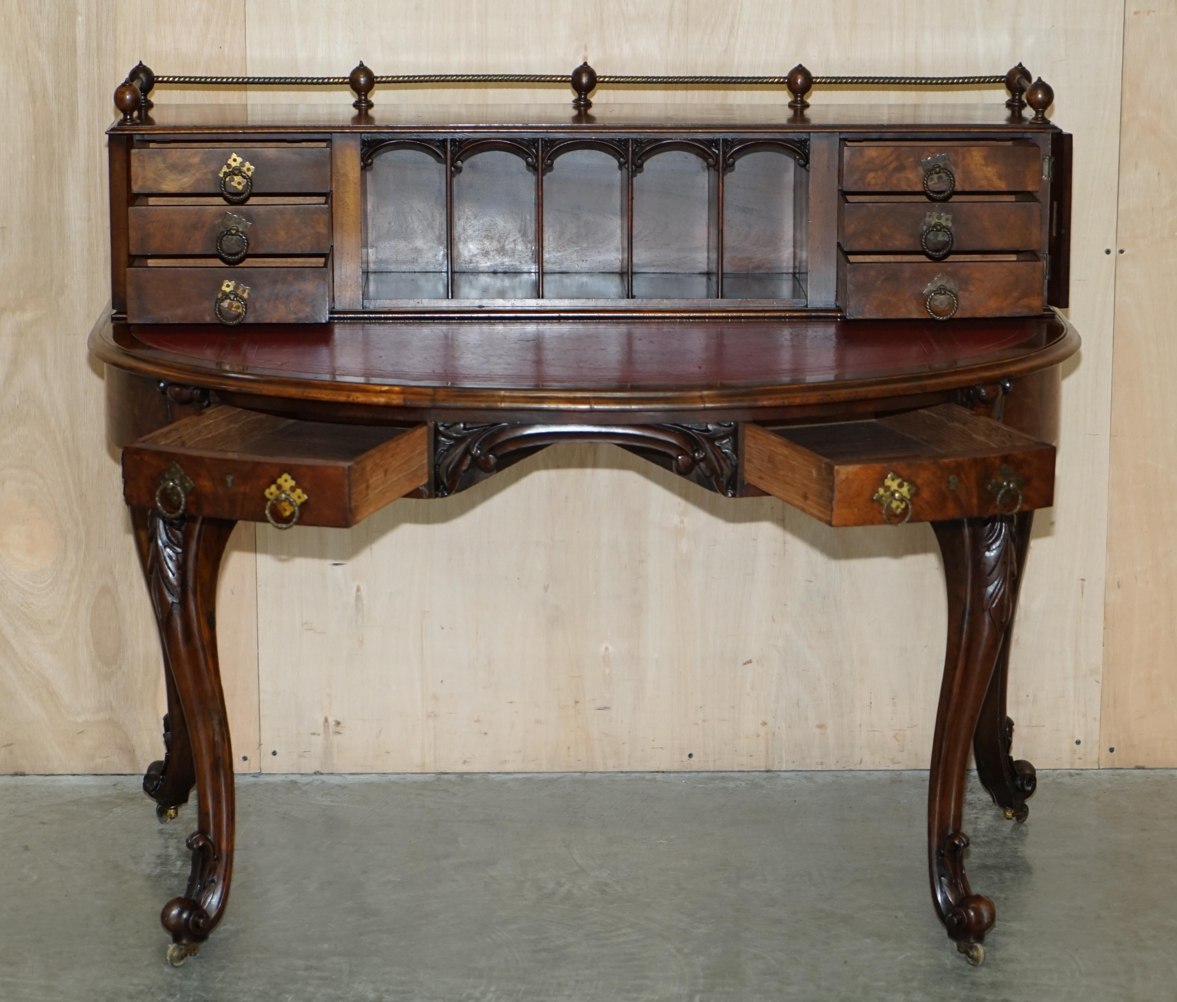Antique circa 1850 Patrick Beakey Dublin Oxblood Leather Demilune Gallery Desk For Sale 13