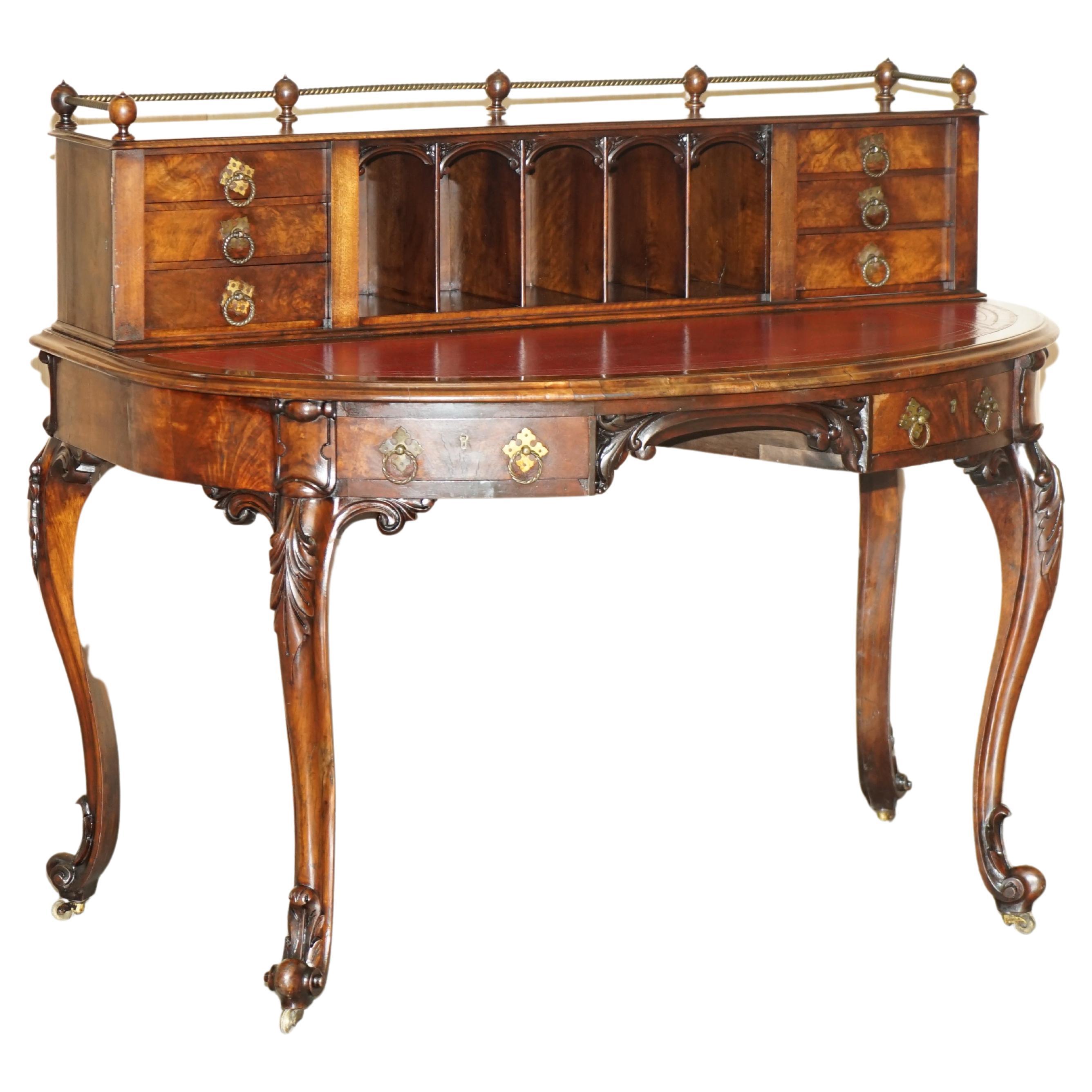 Antique circa 1850 Patrick Beakey Dublin Oxblood Leather Demilune Gallery Desk For Sale