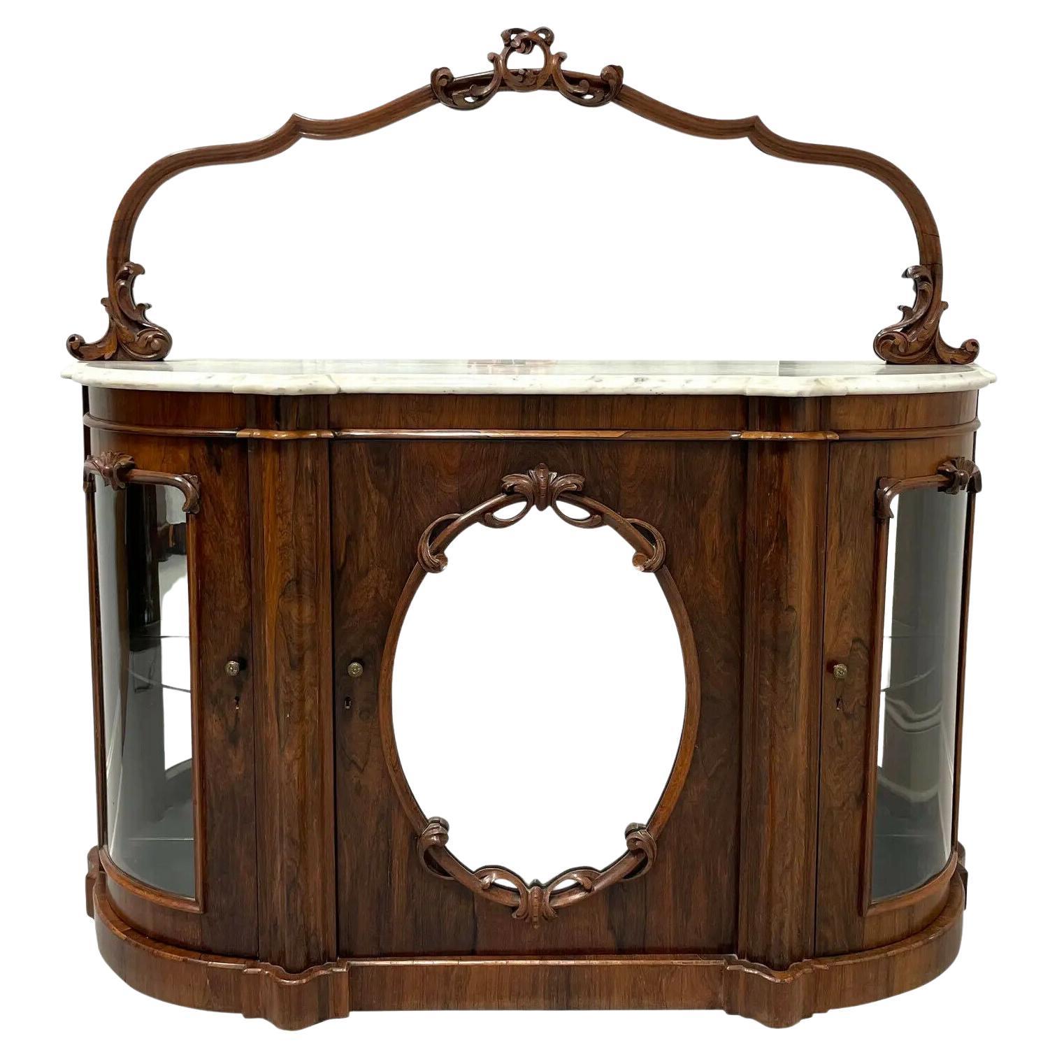 Antique Circa 1850 Victorian Rococo Revival Rosewood Marble Top Credenza For Sale
