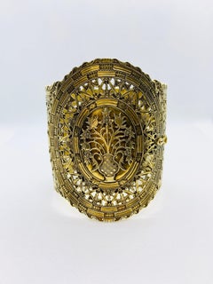Antique circa 1850s Or jaune 14 carats Filigree Cuff Bracelet