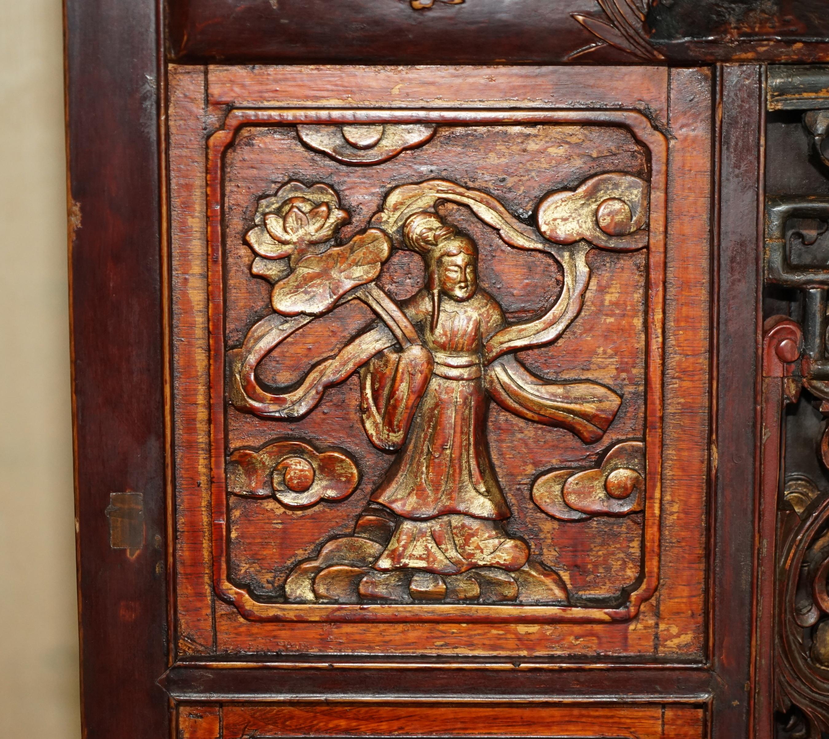 Wood Antique circa 1860 Chinese Hand Painted Wedding Cabinet Housekeepers Cupboard For Sale