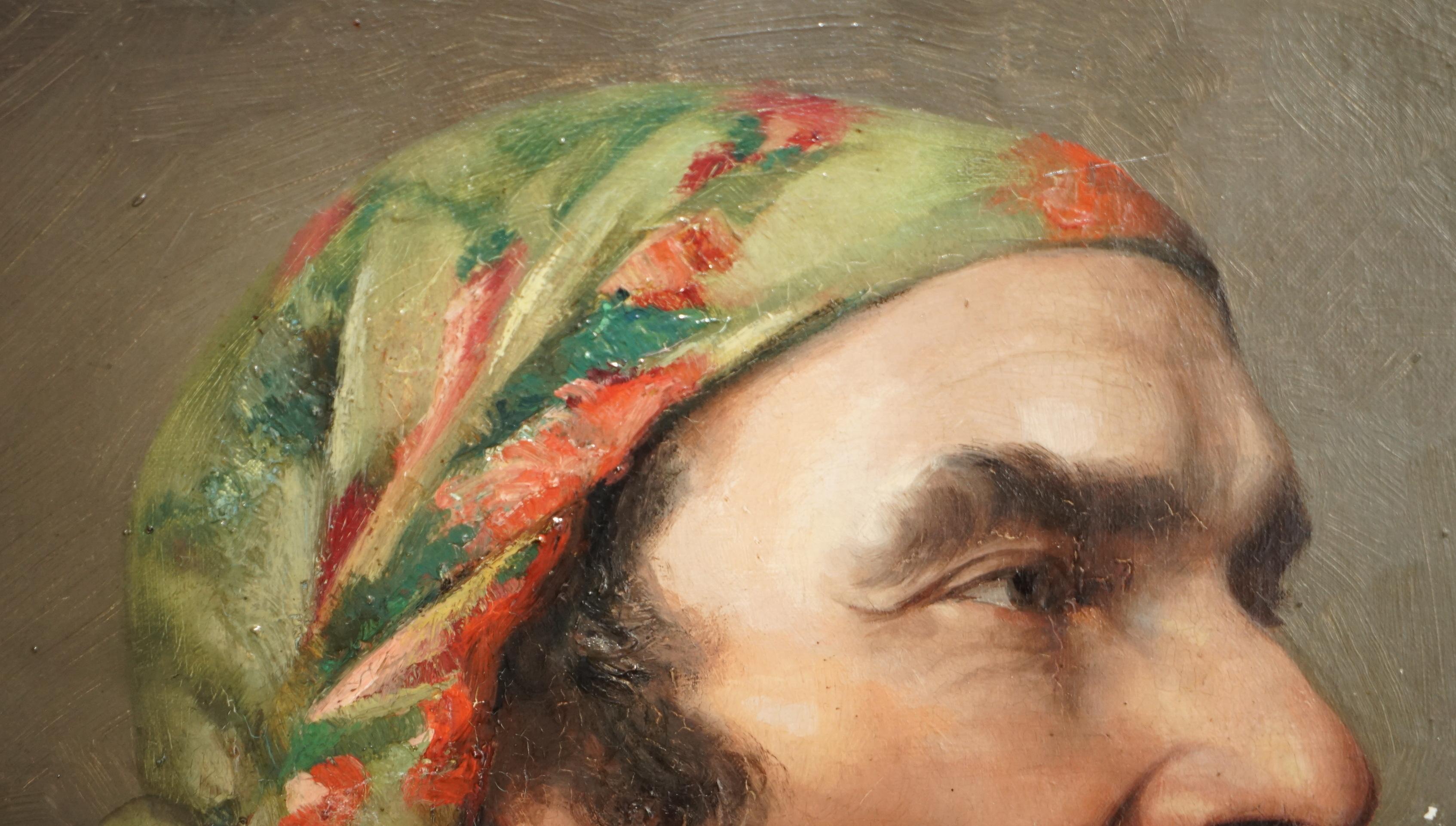 Antique circa 1860 French Napoleon III Oil Painting of a Gentleman in Headscarf For Sale 5