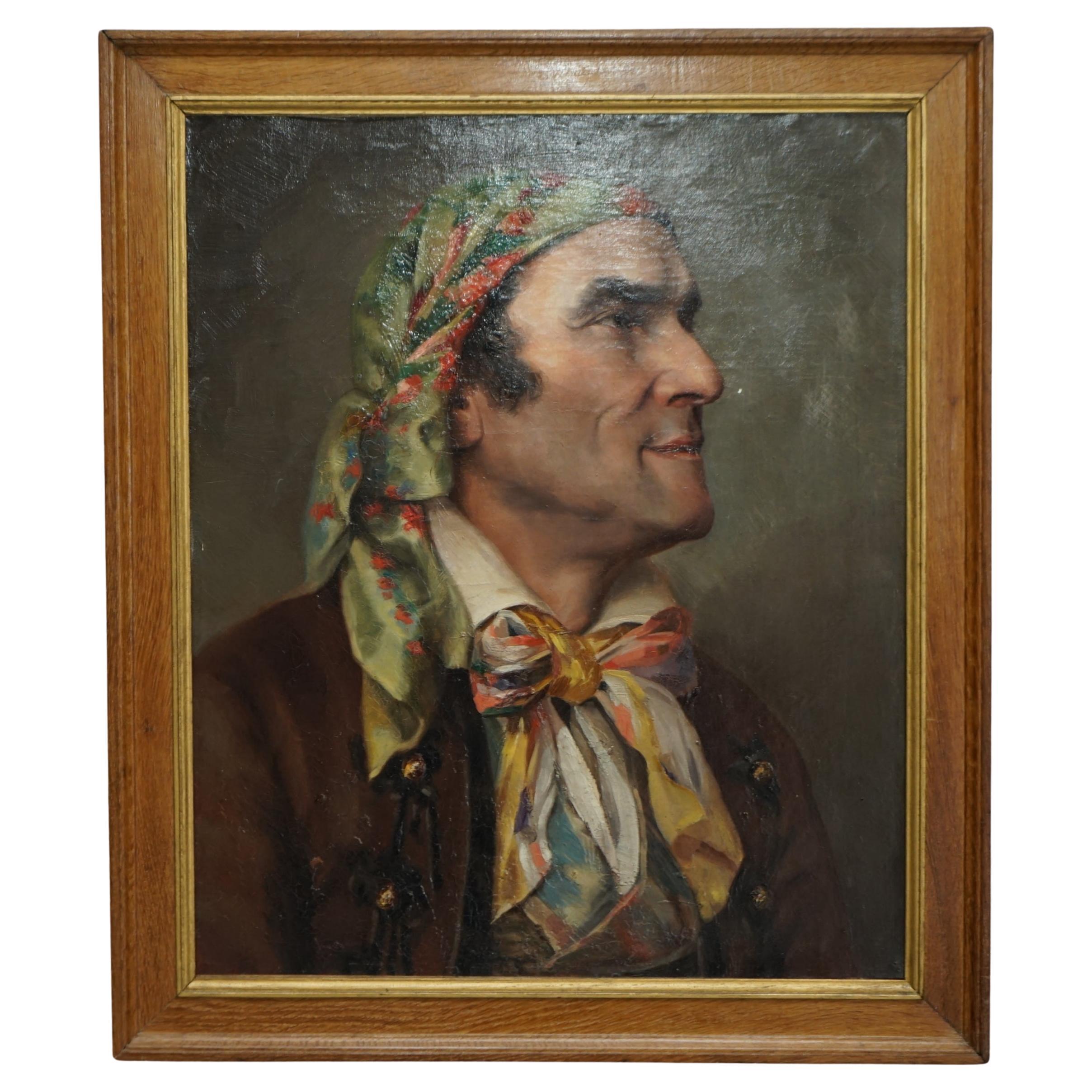 Antiquité, vers 1860, peinture à l'huile française de Napoléon III représentant un gentilhomme coiffé d'un foulard