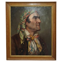 Antique circa 1860 French Napoleon III Oil Painting of a Gentleman in Headscarf