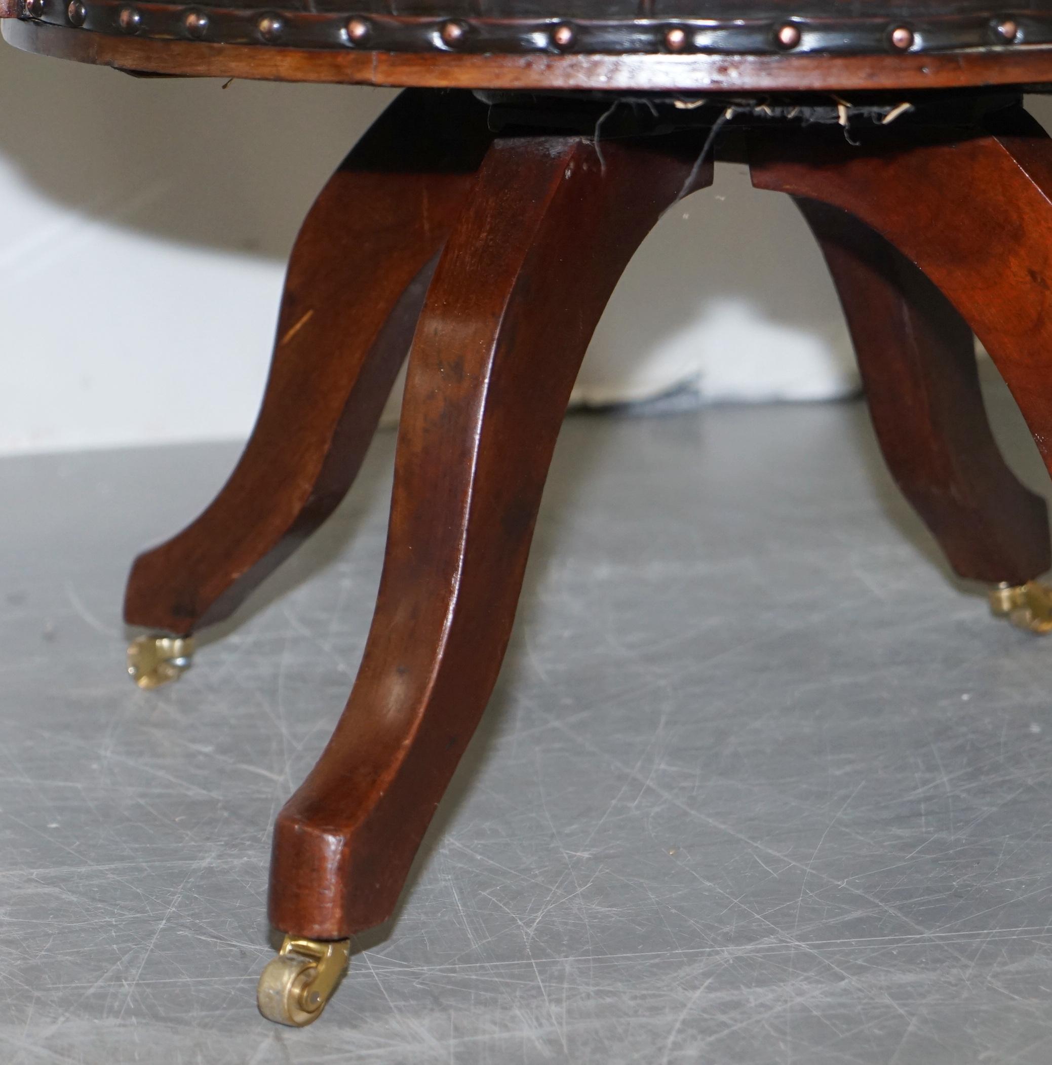 Antique circa 1860 Fully Restored Deep Cigar Brown Leather Swivel Captains Chair 1