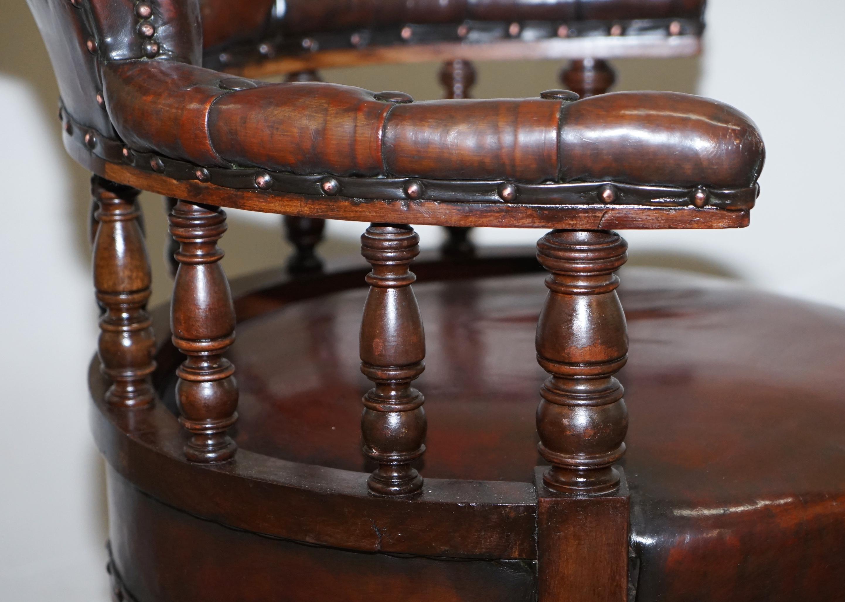 Antique circa 1860 Fully Restored Deep Cigar Brown Leather Swivel Captains Chair 6