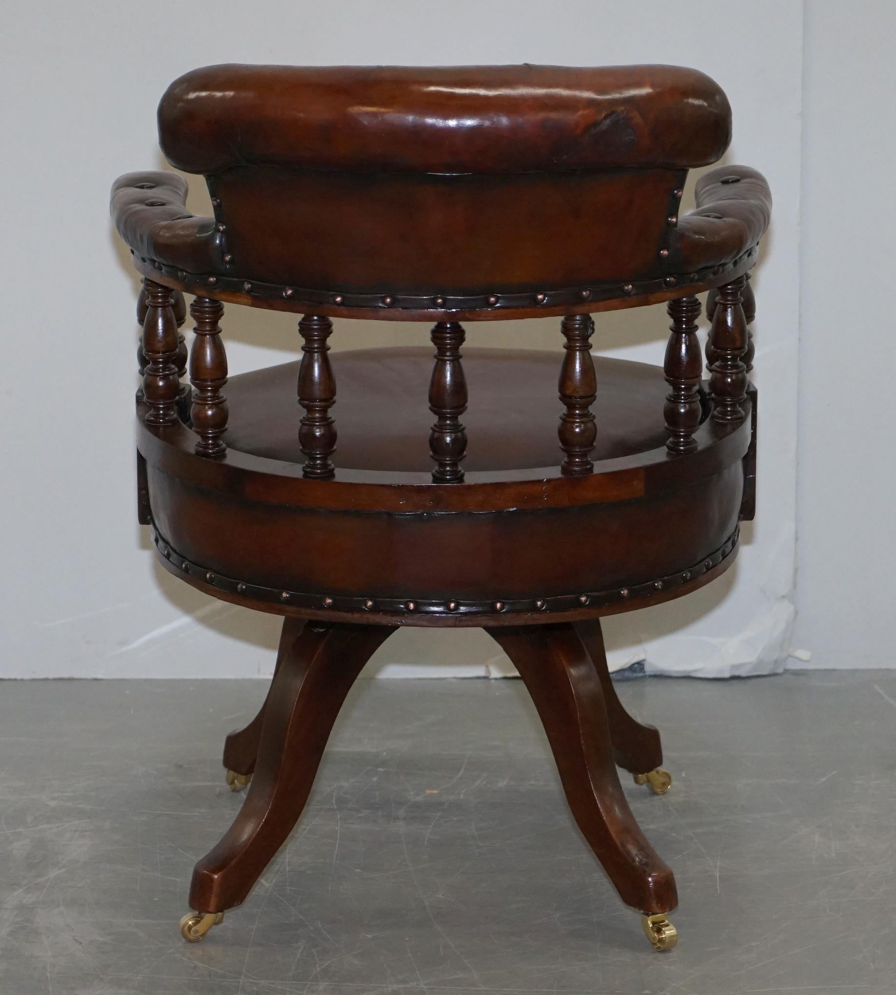 Antique circa 1860 Fully Restored Deep Cigar Brown Leather Swivel Captains Chair 6