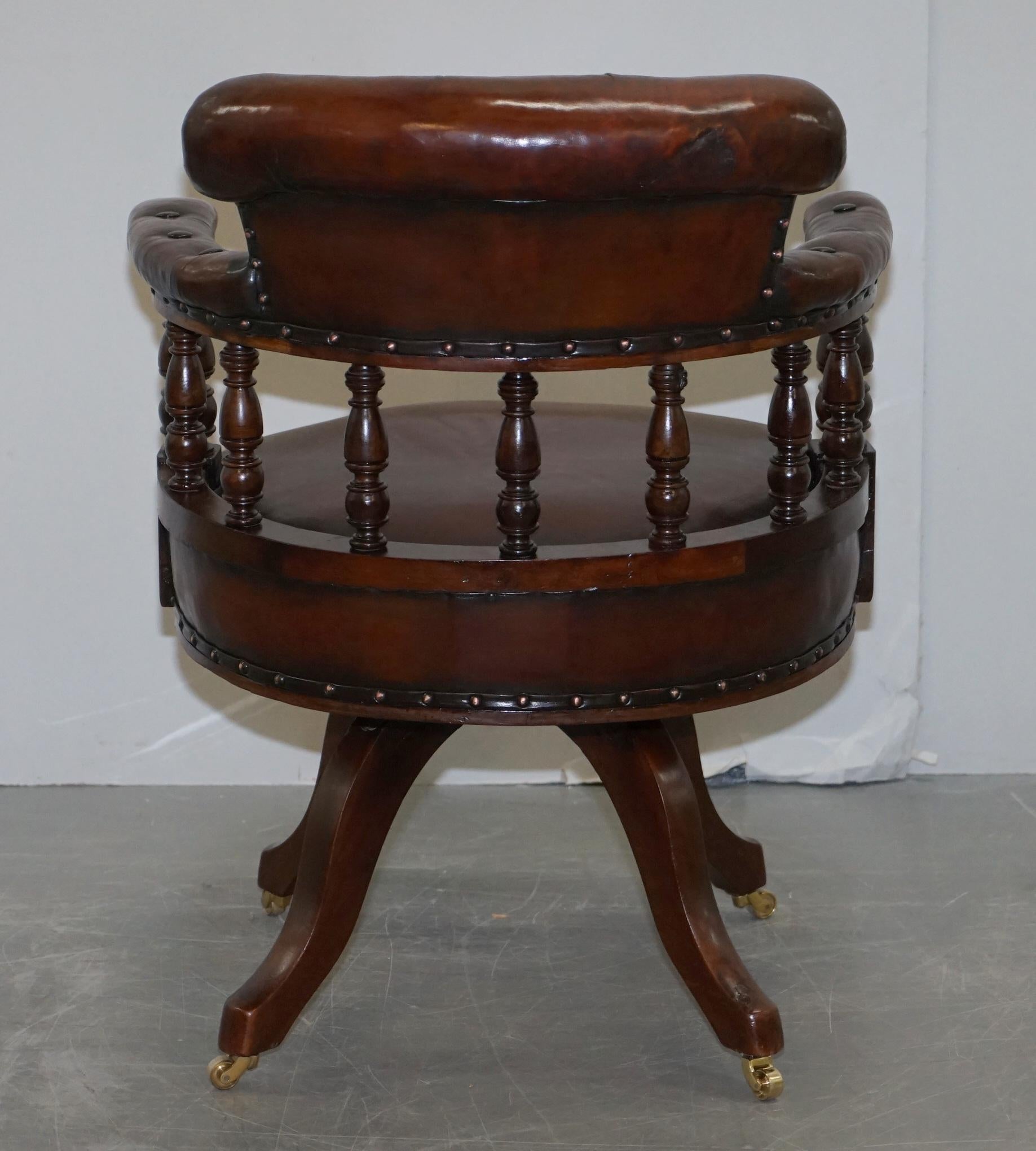 Antique circa 1860 Fully Restored Deep Cigar Brown Leather Swivel Captains Chair For Sale 7