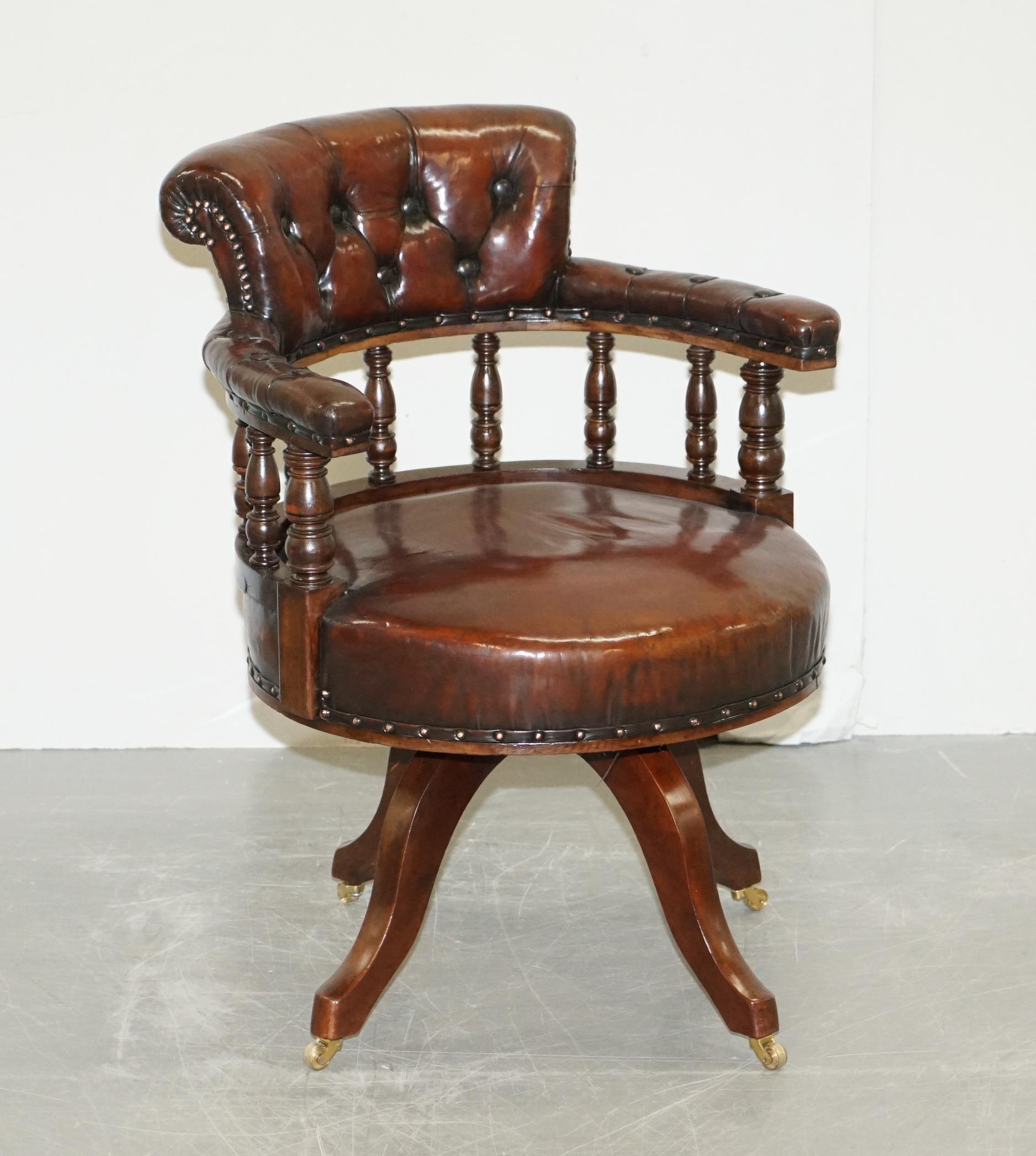 We are delighted to offer for sale this rare fully restored circa 1860 Barrell back Chesterfield hand dyed brown leather office chair

This chair is really quite exquisite, its one of the earliest types of swivel chairs I have ever seen, the frame