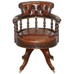 Ancienne chaise de capitaine pivotante en cuir marron cigare profond entièrement restaurée, datant d'environ 1860