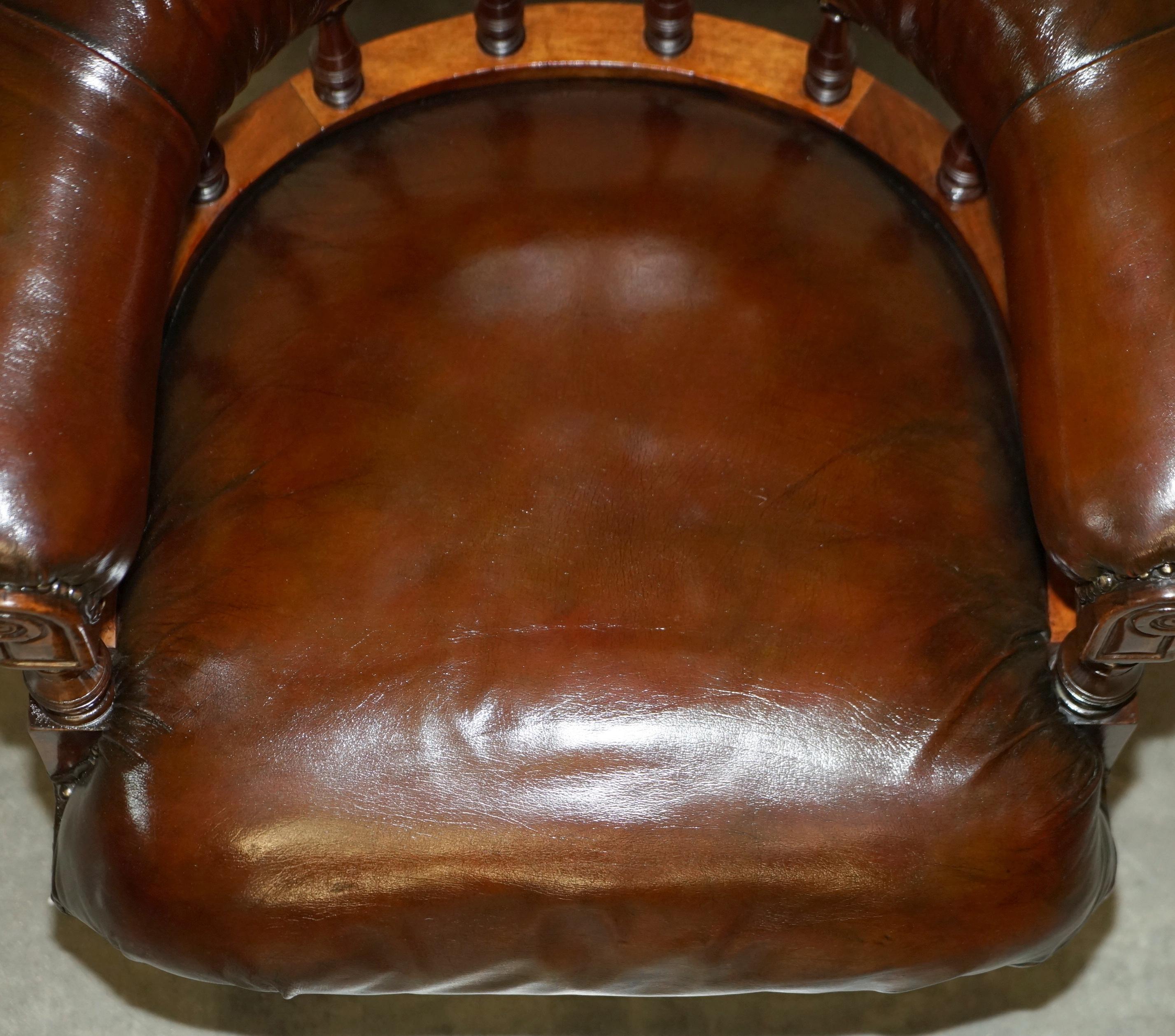 Antique circa 1860 Fully Restored Whiskey Brown Leather Swivel Captains Chair 3