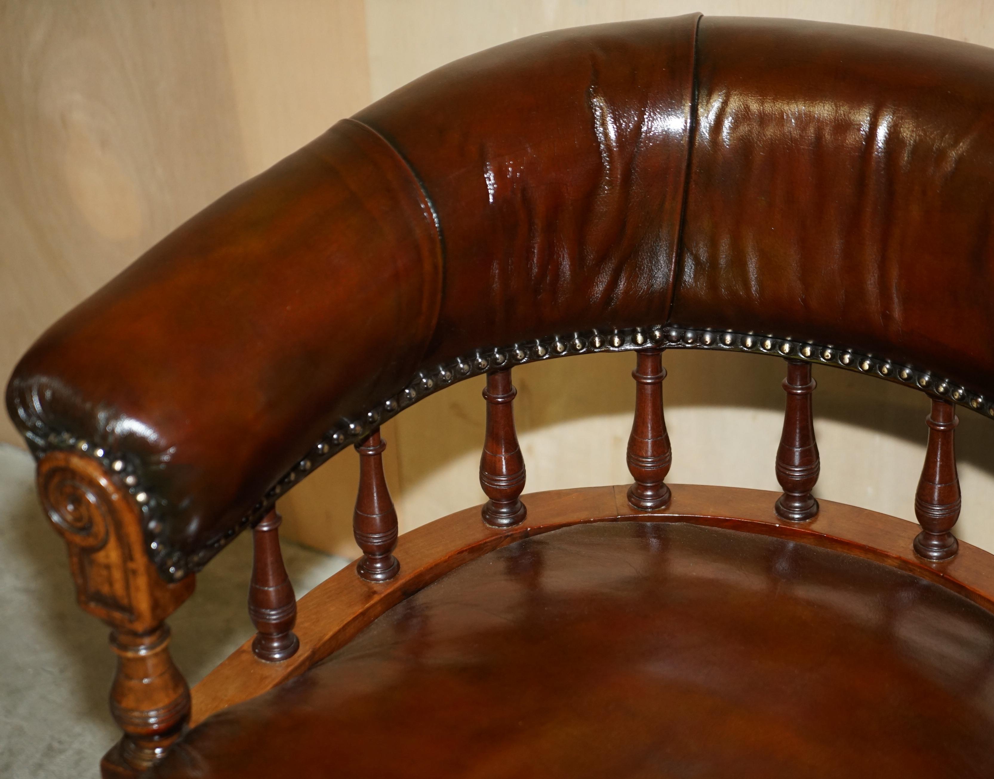 Antique circa 1860 Fully Restored Whiskey Brown Leather Swivel Captains Chair 4