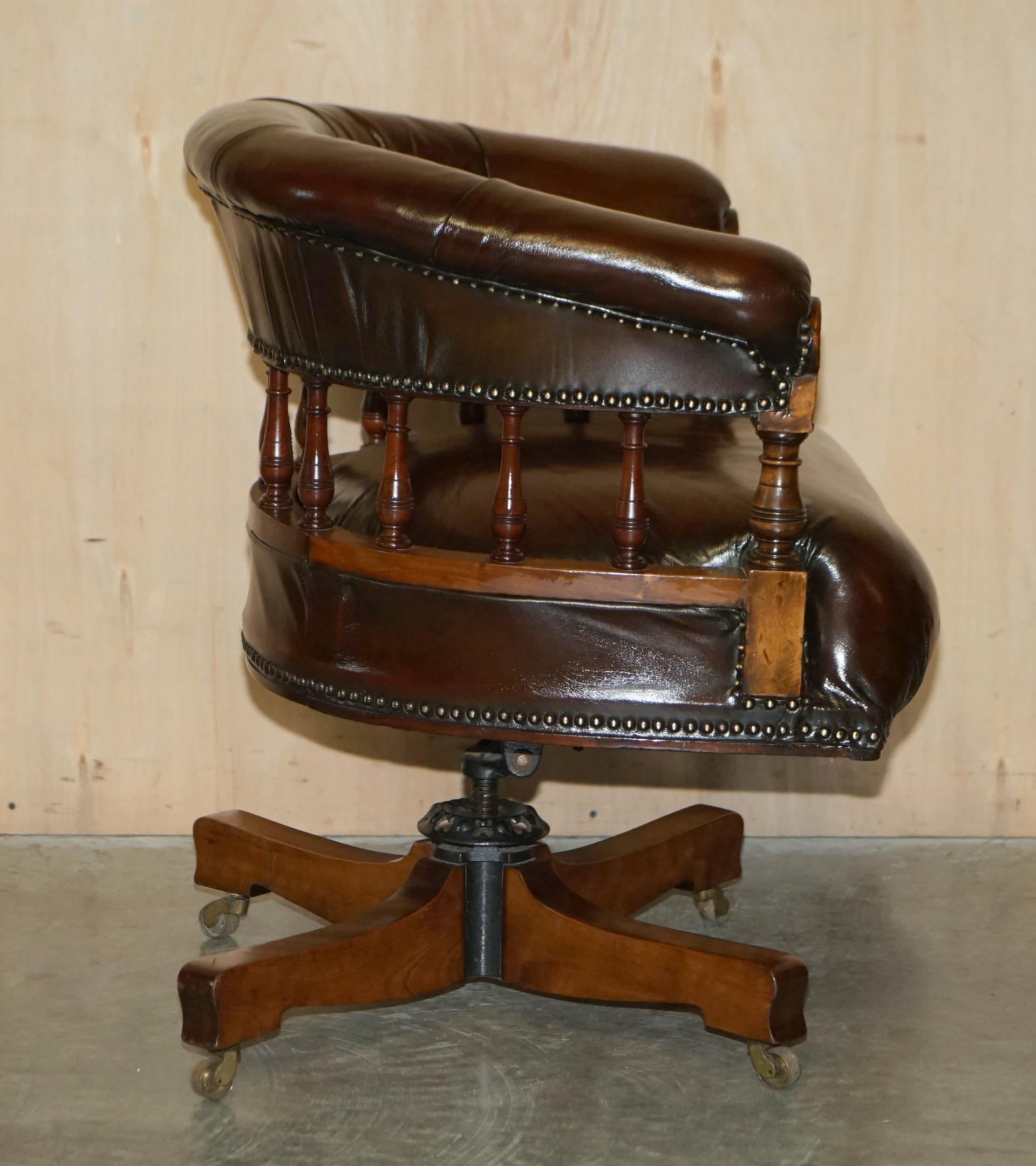 Antique circa 1860 Fully Restored Whiskey Brown Leather Swivel Captains Chair 7