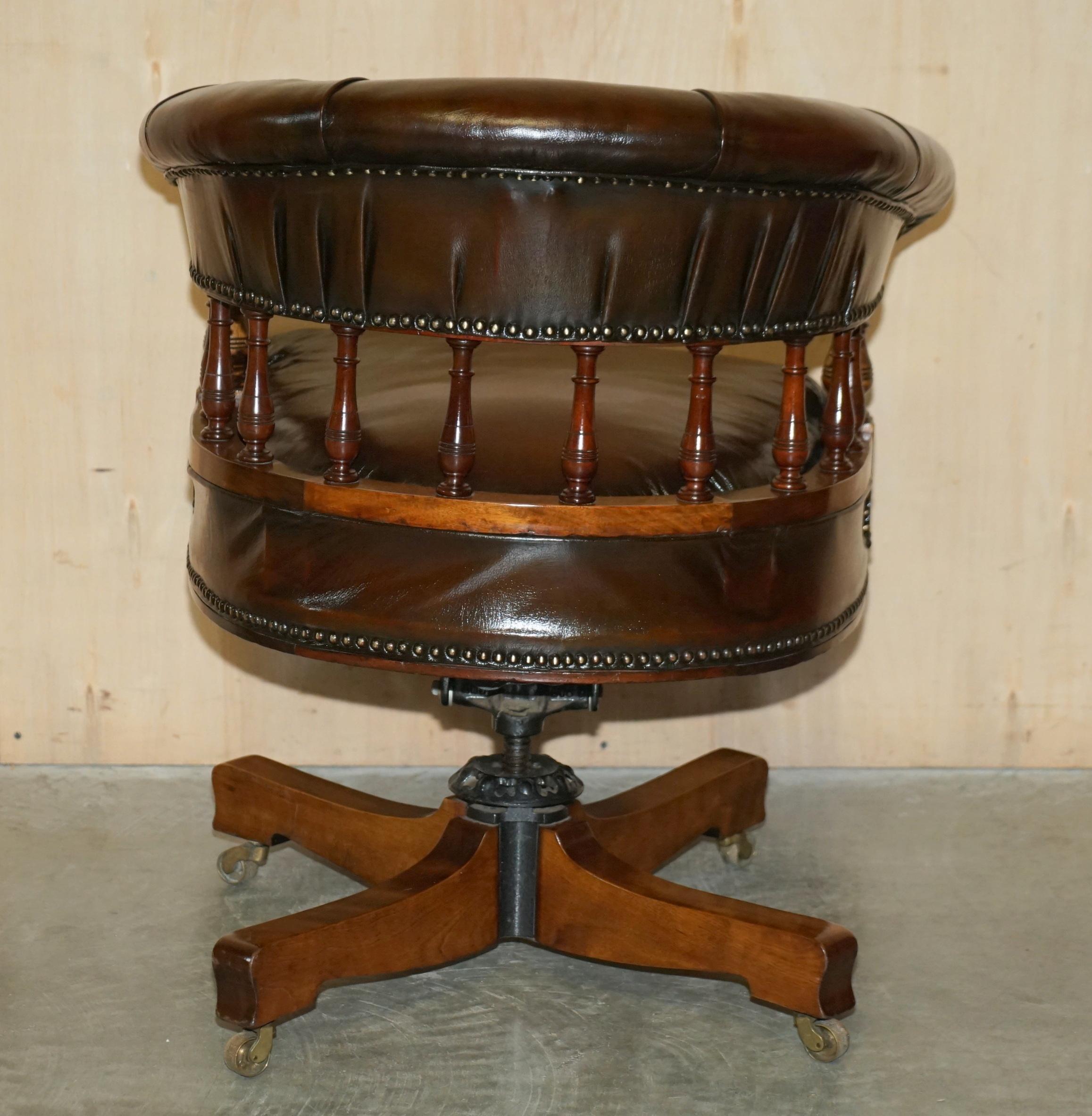 Antique circa 1860 Fully Restored Whiskey Brown Leather Swivel Captains Chair 7