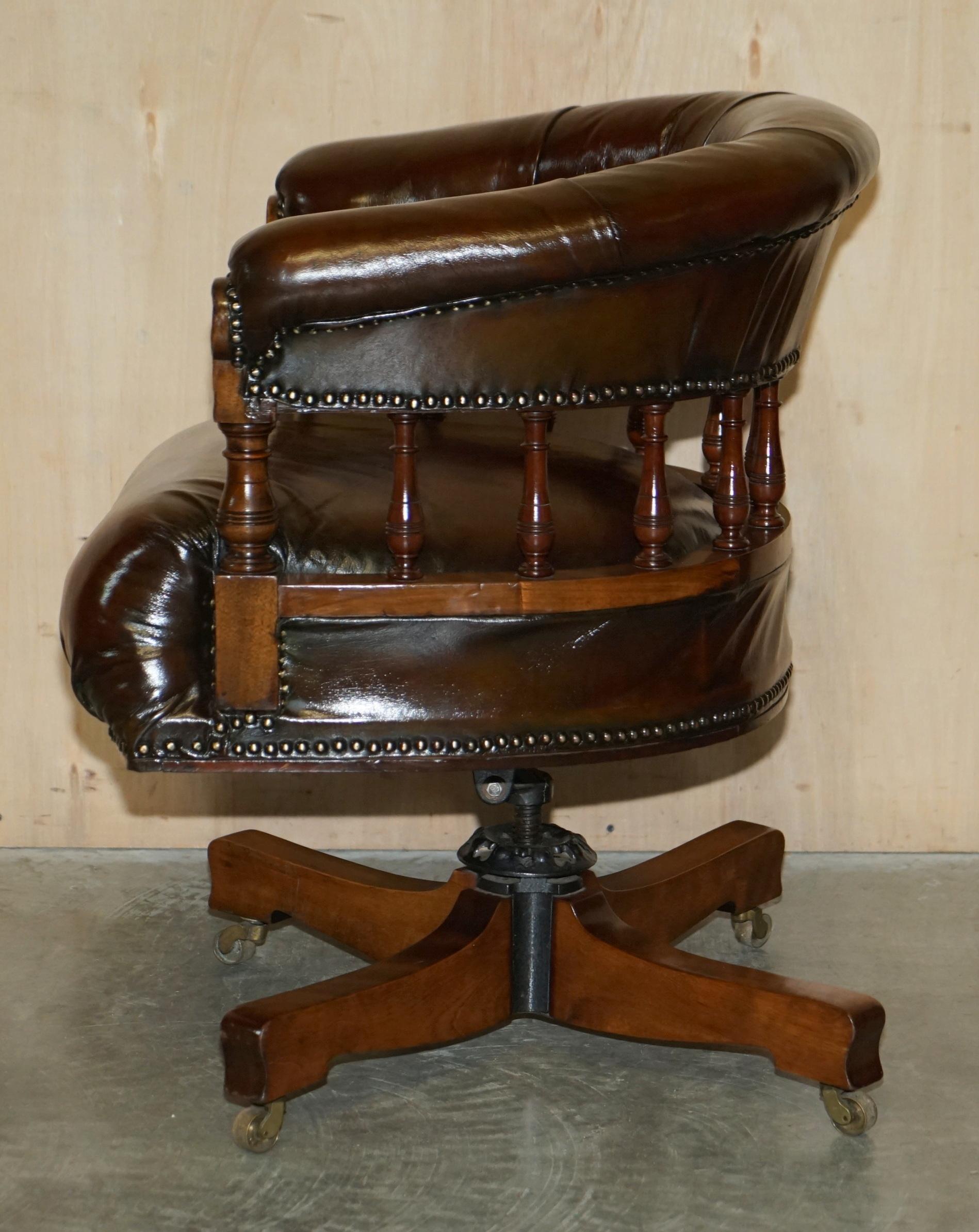 Antique circa 1860 Fully Restored Whiskey Brown Leather Swivel Captains Chair 9