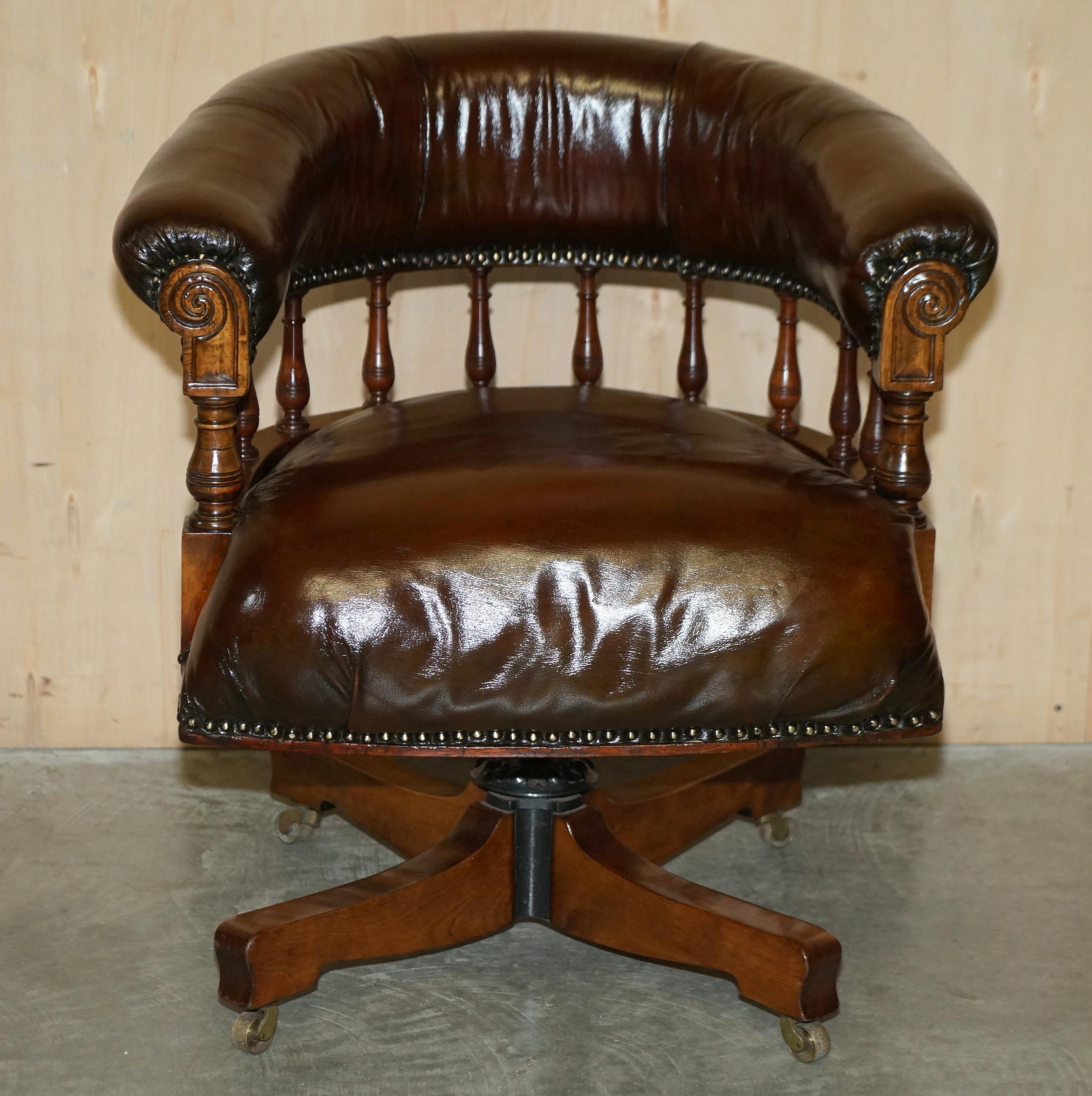 We are delighted to offer for sale this rare fully restored circa 1860 Barrell back hand dyed brown leather office chair.

This chair is really quite exquisite, it’s one of the earliest types of swivel chairs I have ever seen, the frame is solid