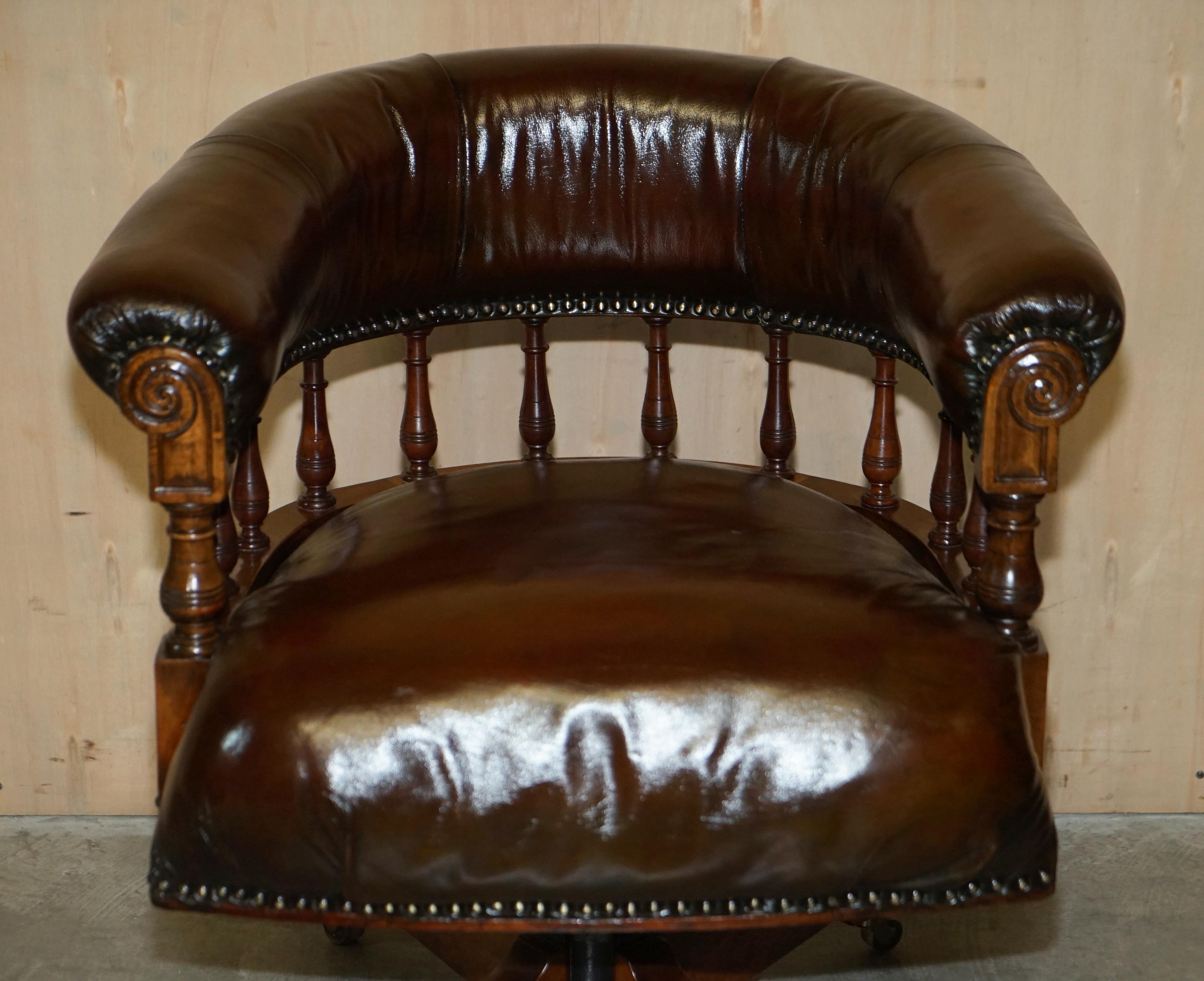 High Victorian Antique circa 1860 Fully Restored Whiskey Brown Leather Swivel Captains Chair