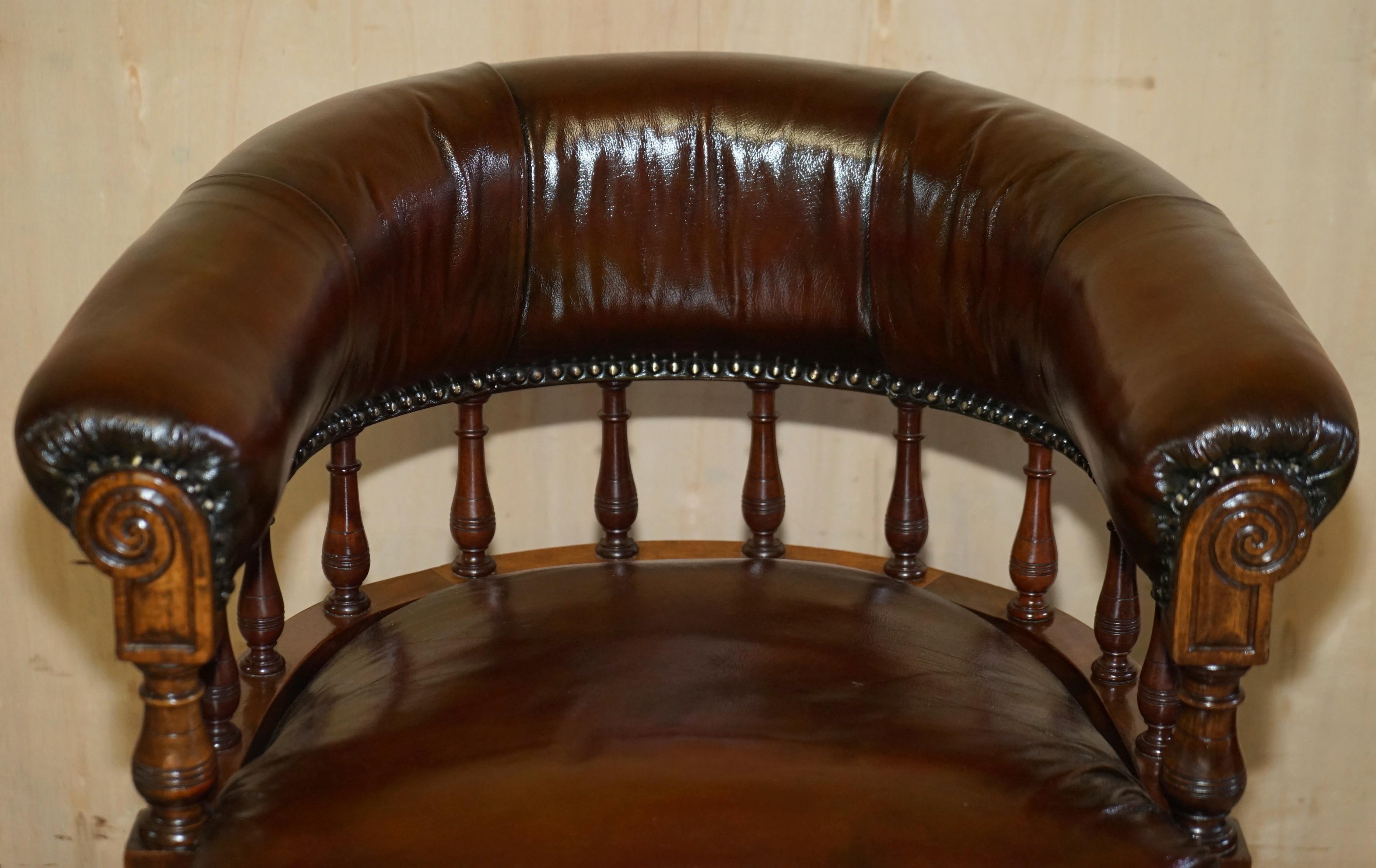 English Antique circa 1860 Fully Restored Whiskey Brown Leather Swivel Captains Chair
