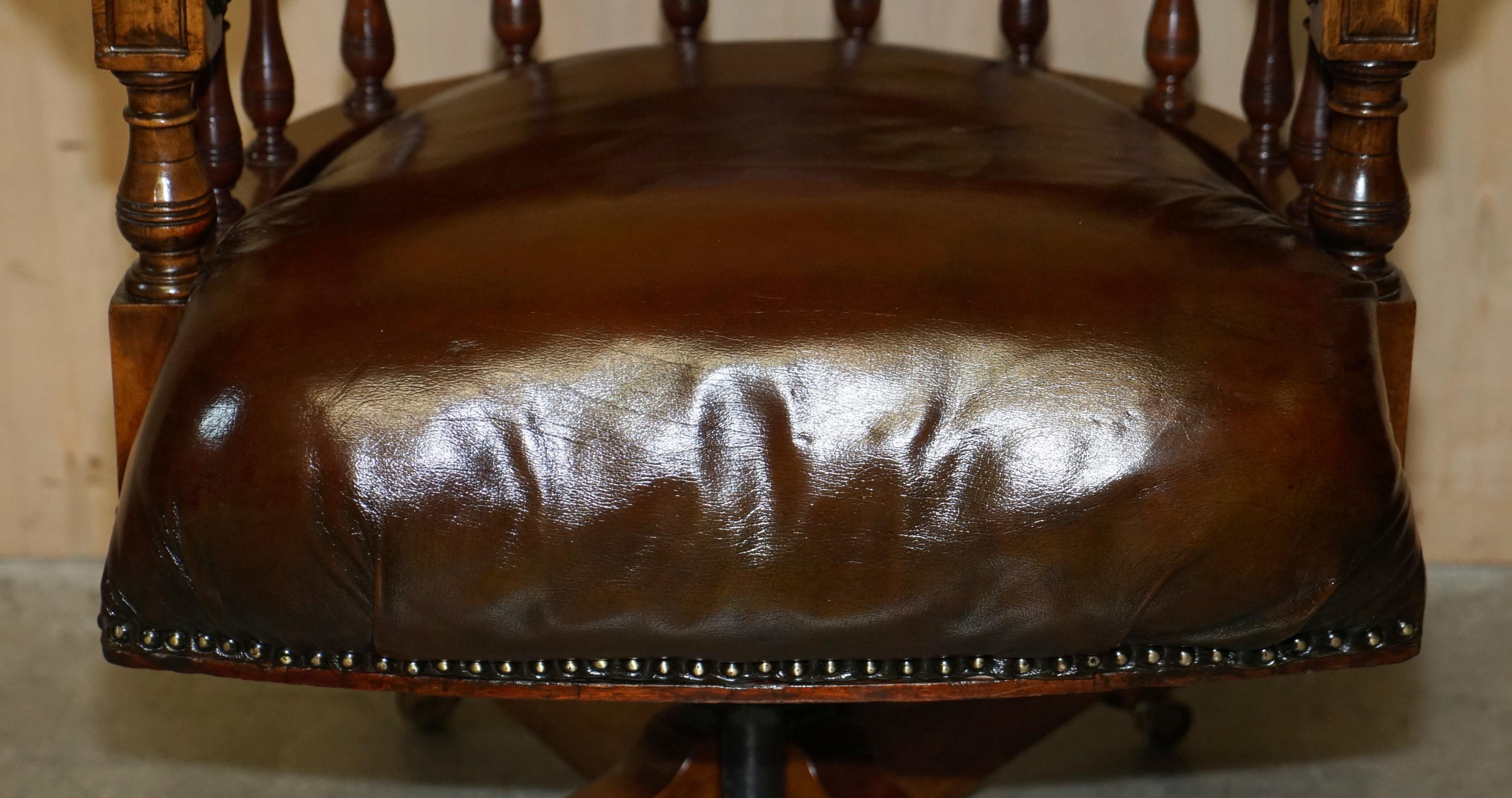Hand-Crafted Antique circa 1860 Fully Restored Whiskey Brown Leather Swivel Captains Chair