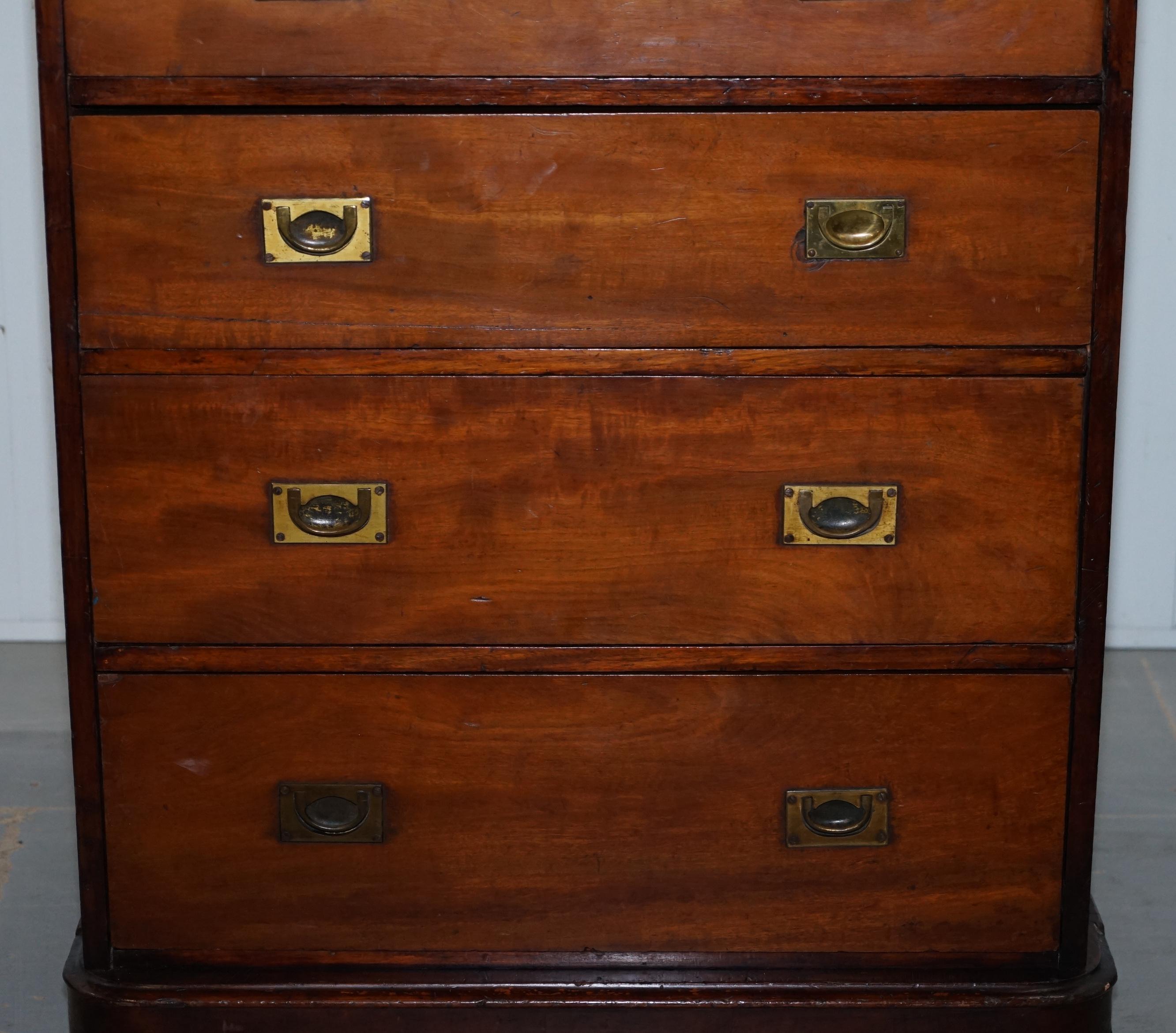 English Antique Tall Hardwood Military Campaign Chest of Drawers, circa 1860 For Sale